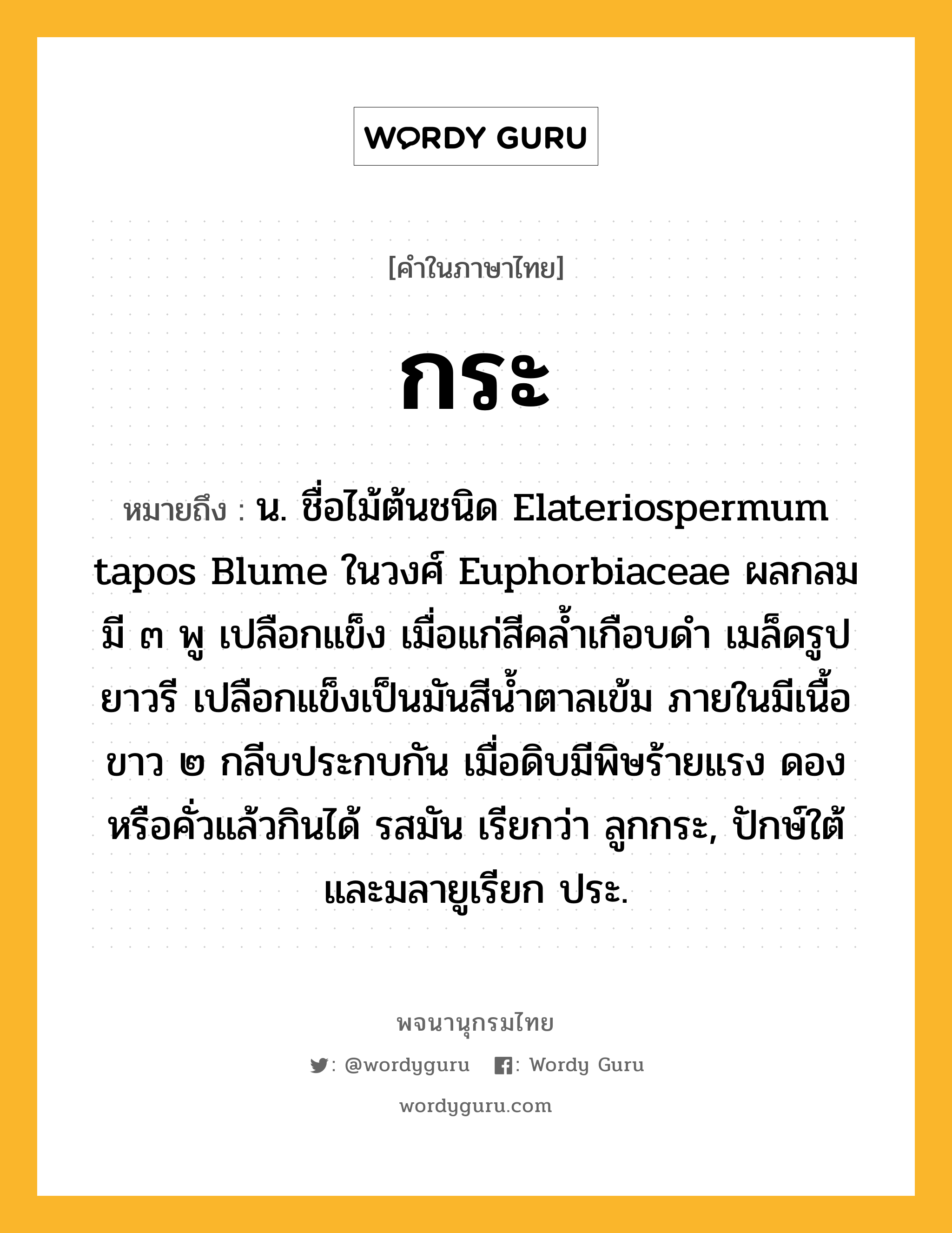 กระ หมายถึงอะไร?, คำในภาษาไทย กระ หมายถึง น. ชื่อไม้ต้นชนิด Elateriospermum tapos Blume ในวงศ์ Euphorbiaceae ผลกลมมี ๓ พู เปลือกแข็ง เมื่อแก่สีคลํ้าเกือบดํา เมล็ดรูปยาวรี เปลือกแข็งเป็นมันสีนํ้าตาลเข้ม ภายในมีเนื้อขาว ๒ กลีบประกบกัน เมื่อดิบมีพิษร้ายแรง ดองหรือคั่วแล้วกินได้ รสมัน เรียกว่า ลูกกระ, ปักษ์ใต้และมลายูเรียก ประ.