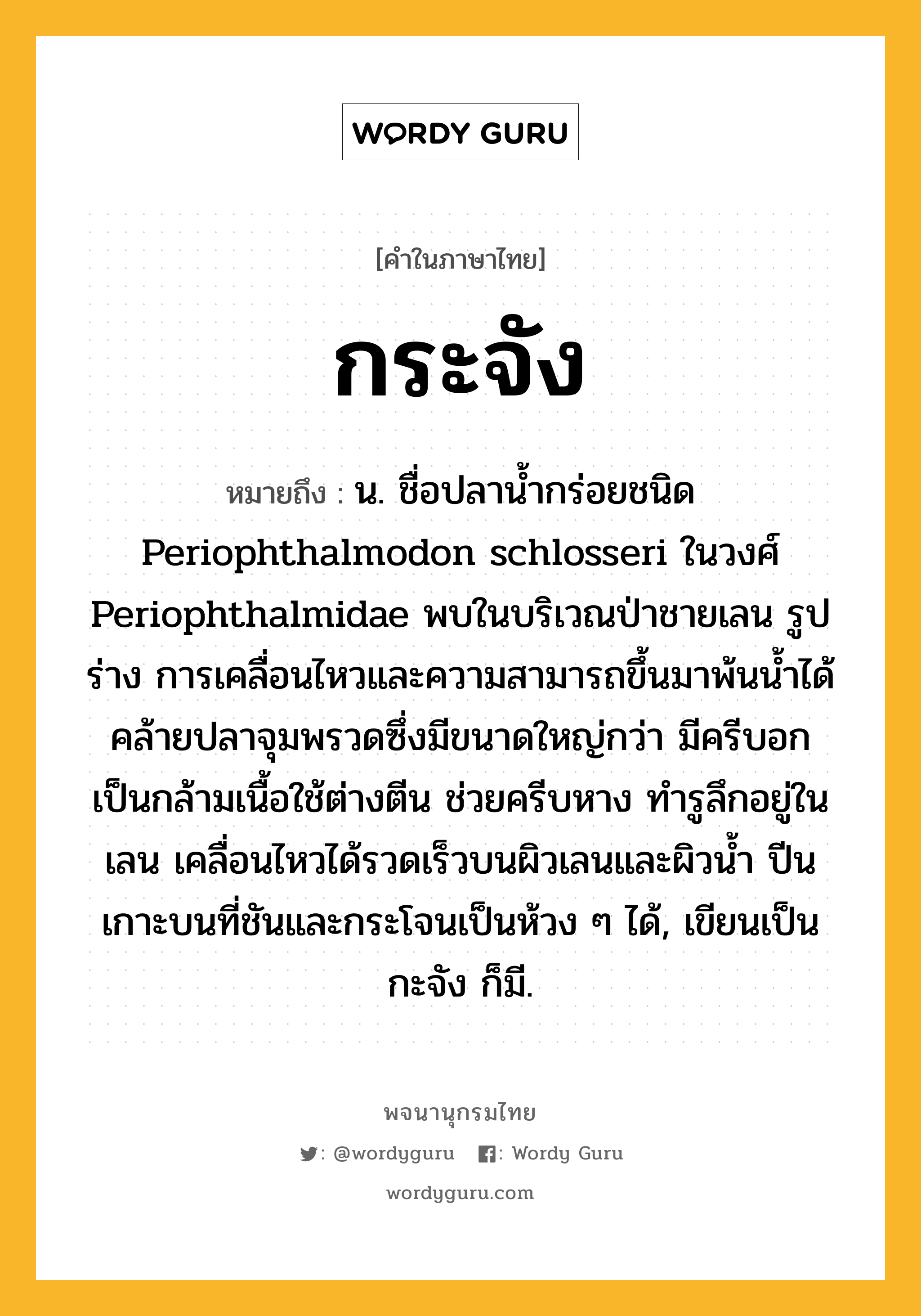 กระจัง หมายถึงอะไร?, คำในภาษาไทย กระจัง หมายถึง น. ชื่อปลานํ้ากร่อยชนิด Periophthalmodon schlosseri ในวงศ์ Periophthalmidae พบในบริเวณป่าชายเลน รูปร่าง การเคลื่อนไหวและความสามารถขึ้นมาพ้นนํ้าได้คล้ายปลาจุมพรวดซึ่งมีขนาดใหญ่กว่า มีครีบอกเป็นกล้ามเนื้อใช้ต่างตีน ช่วยครีบหาง ทํารูลึกอยู่ในเลน เคลื่อนไหวได้รวดเร็วบนผิวเลนและผิวนํ้า ปีนเกาะบนที่ชันและกระโจนเป็นห้วง ๆ ได้, เขียนเป็น กะจัง ก็มี.