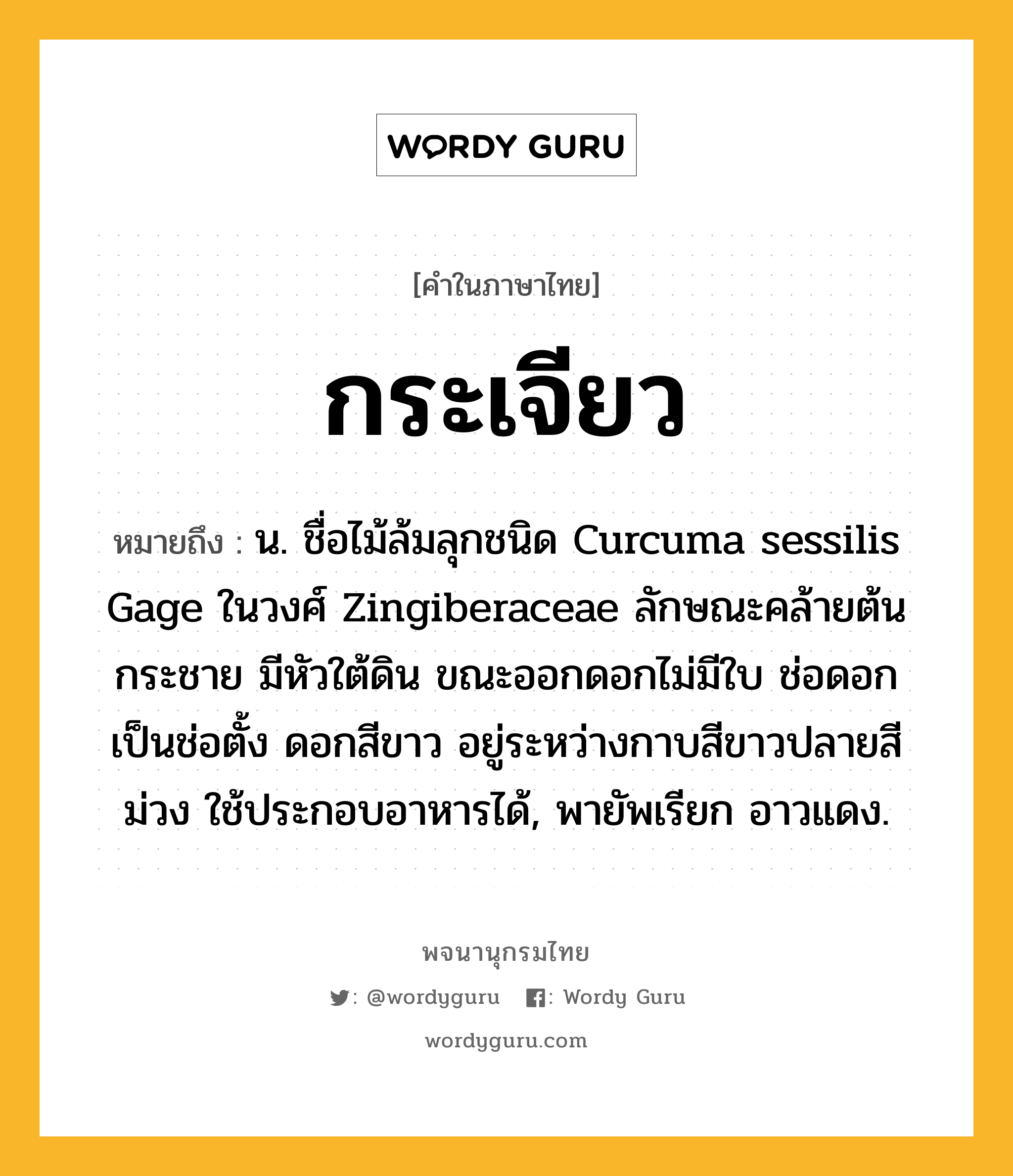 กระเจียว ความหมาย หมายถึงอะไร?, คำในภาษาไทย กระเจียว หมายถึง น. ชื่อไม้ล้มลุกชนิด Curcuma sessilis Gage ในวงศ์ Zingiberaceae ลักษณะคล้ายต้นกระชาย มีหัวใต้ดิน ขณะออกดอกไม่มีใบ ช่อดอกเป็นช่อตั้ง ดอกสีขาว อยู่ระหว่างกาบสีขาวปลายสีม่วง ใช้ประกอบอาหารได้, พายัพเรียก อาวแดง.