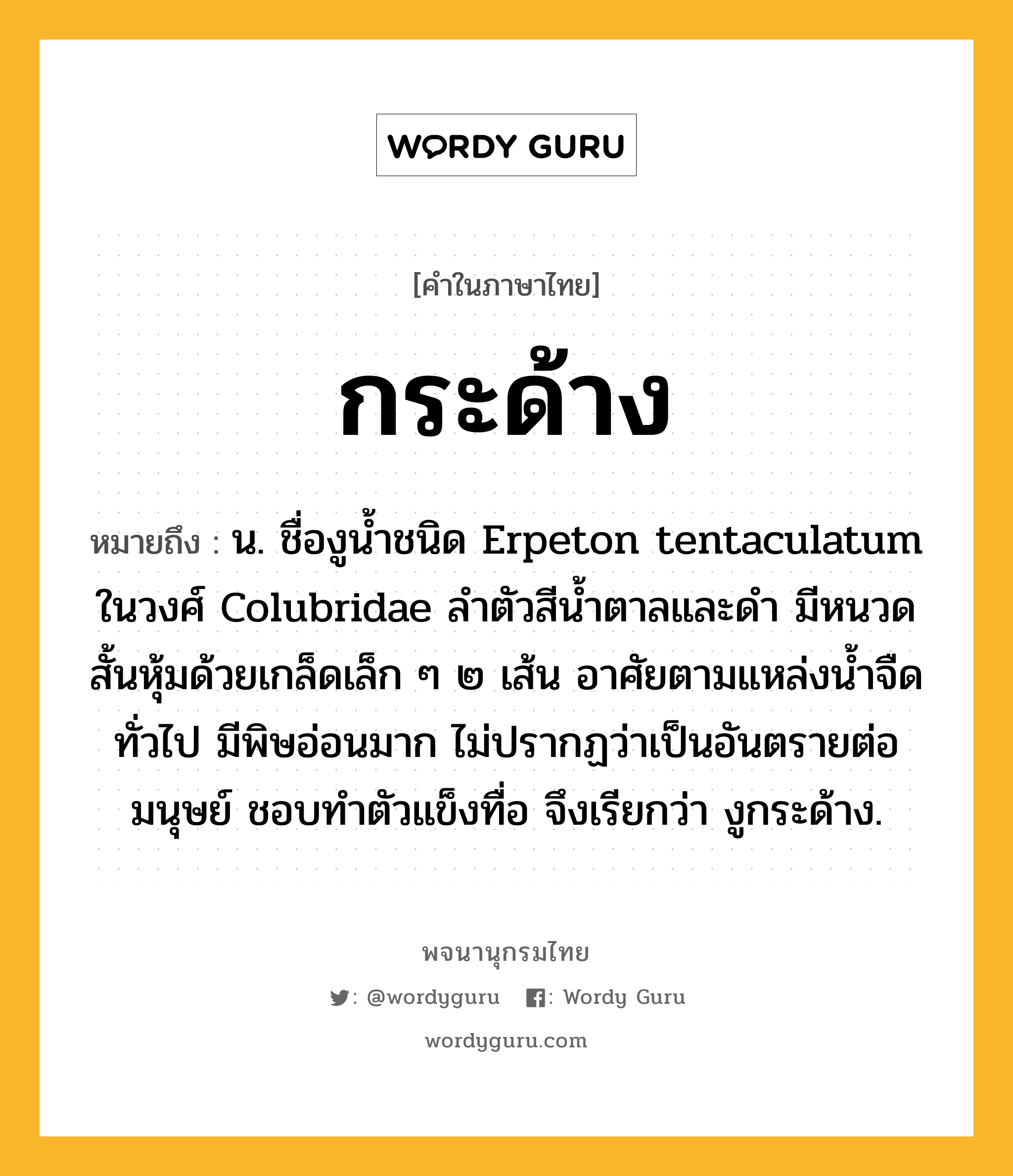 กระด้าง หมายถึงอะไร?, คำในภาษาไทย กระด้าง หมายถึง น. ชื่องูนํ้าชนิด Erpeton tentaculatum ในวงศ์ Colubridae ลําตัวสีนํ้าตาลและดํา มีหนวดสั้นหุ้มด้วยเกล็ดเล็ก ๆ ๒ เส้น อาศัยตามแหล่งนํ้าจืดทั่วไป มีพิษอ่อนมาก ไม่ปรากฏว่าเป็นอันตรายต่อมนุษย์ ชอบทําตัวแข็งทื่อ จึงเรียกว่า งูกระด้าง.