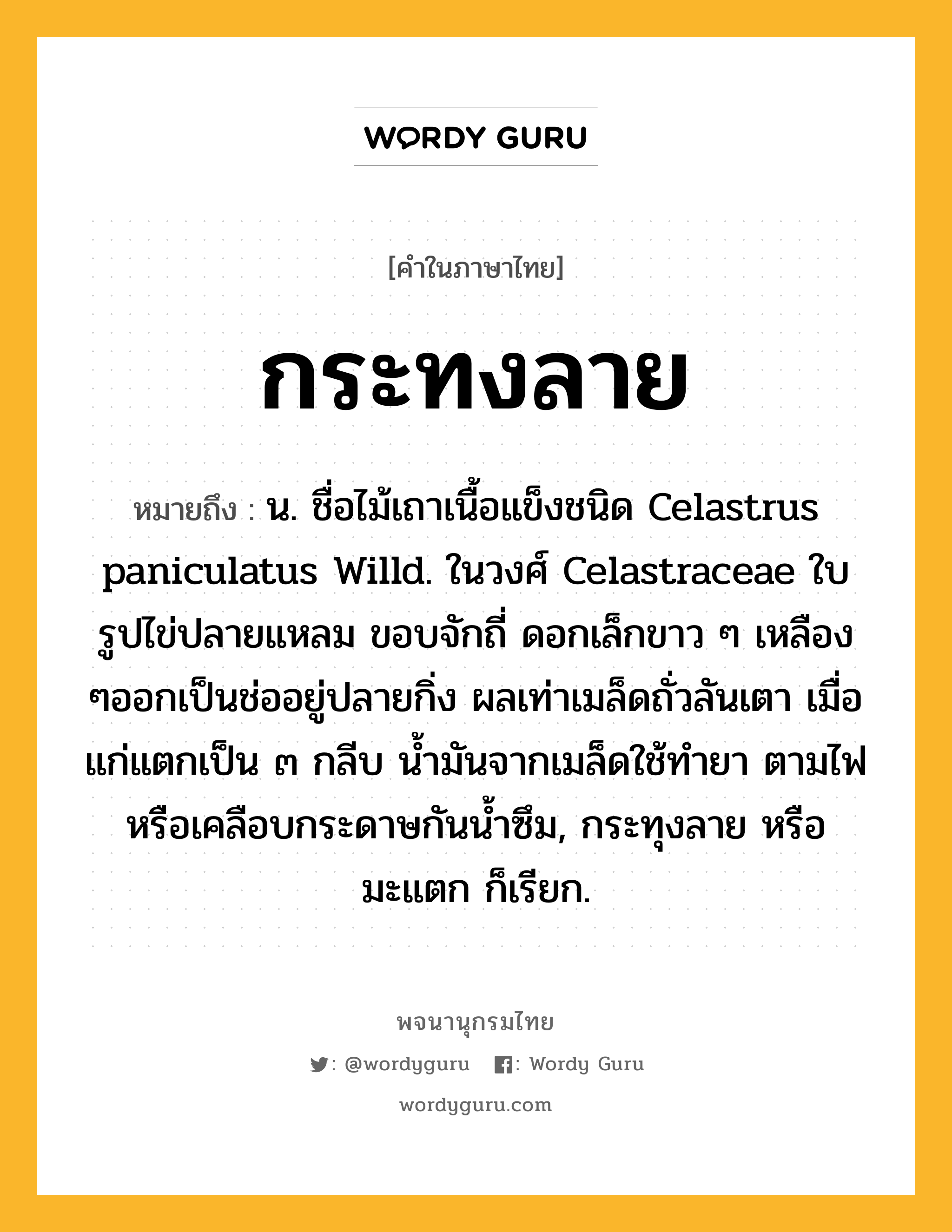 กระทงลาย หมายถึงอะไร?, คำในภาษาไทย กระทงลาย หมายถึง น. ชื่อไม้เถาเนื้อแข็งชนิด Celastrus paniculatus Willd. ในวงศ์ Celastraceae ใบรูปไข่ปลายแหลม ขอบจักถี่ ดอกเล็กขาว ๆ เหลือง ๆออกเป็นช่ออยู่ปลายกิ่ง ผลเท่าเมล็ดถั่วลันเตา เมื่อแก่แตกเป็น ๓ กลีบ นํ้ามันจากเมล็ดใช้ทํายา ตามไฟ หรือเคลือบกระดาษกันนํ้าซึม, กระทุงลาย หรือ มะแตก ก็เรียก.