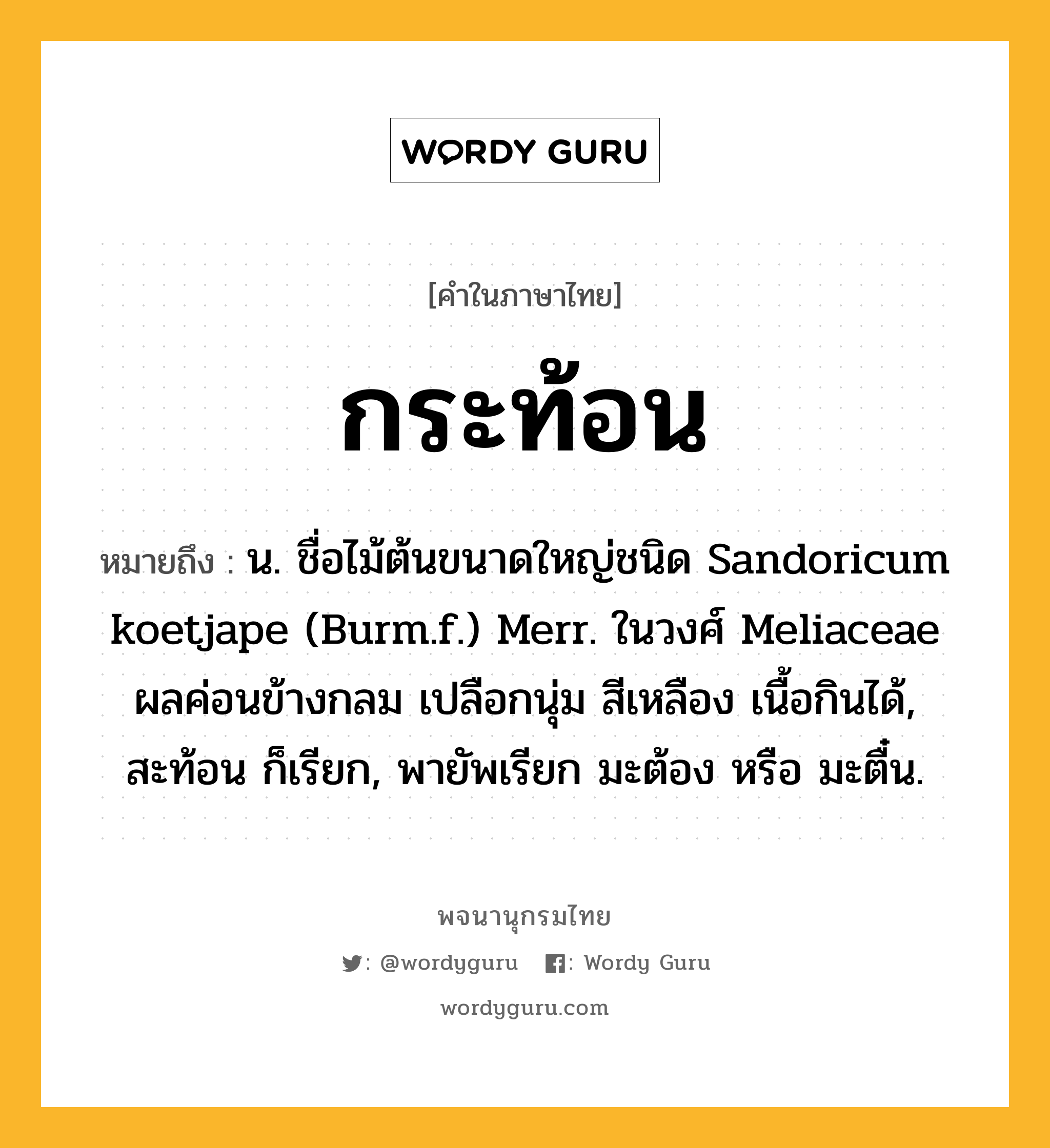 กระท้อน ความหมาย หมายถึงอะไร?, คำในภาษาไทย กระท้อน หมายถึง น. ชื่อไม้ต้นขนาดใหญ่ชนิด Sandoricum koetjape (Burm.f.) Merr. ในวงศ์ Meliaceae ผลค่อนข้างกลม เปลือกนุ่ม สีเหลือง เนื้อกินได้, สะท้อน ก็เรียก, พายัพเรียก มะต้อง หรือ มะตื๋น.