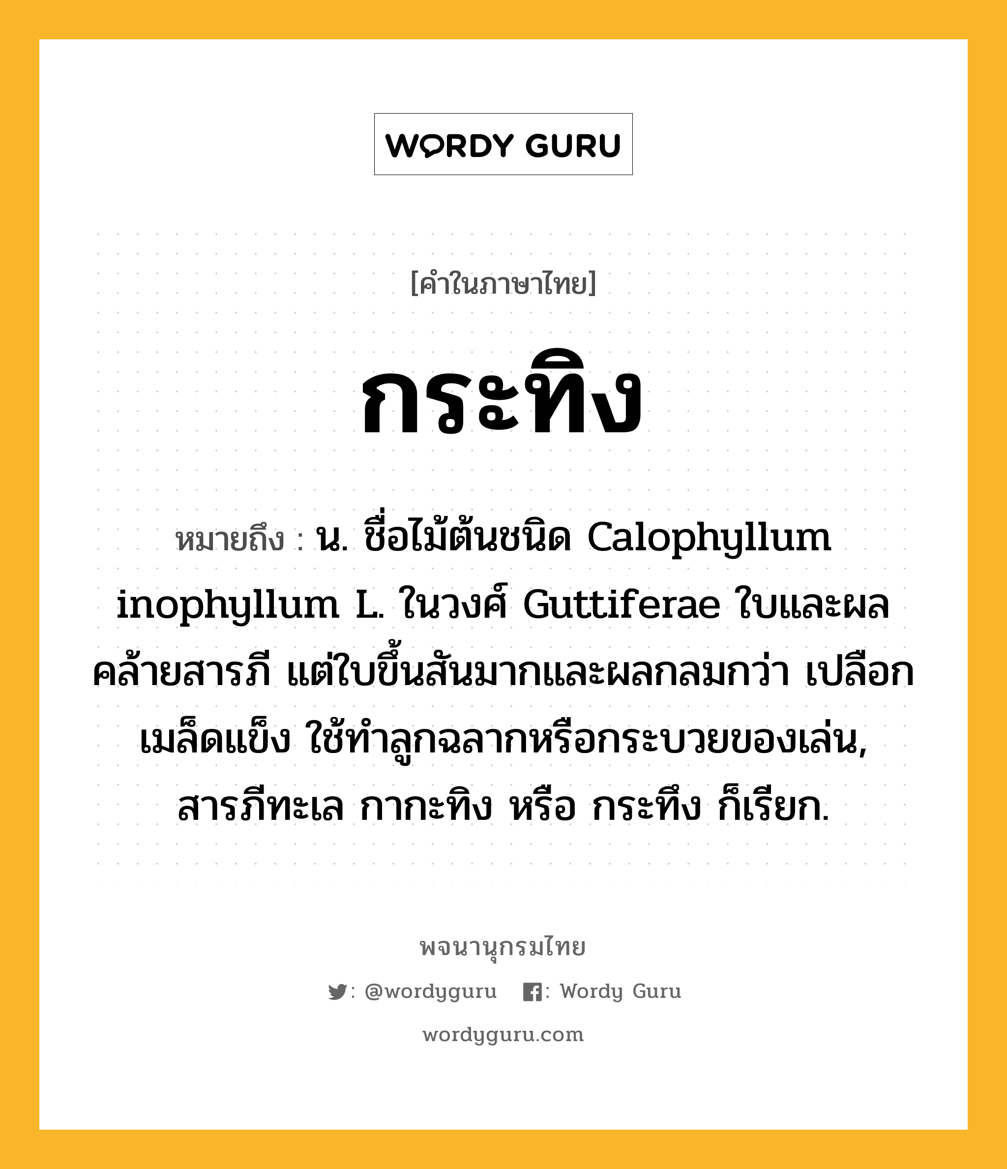 กระทิง หมายถึงอะไร?, คำในภาษาไทย กระทิง หมายถึง น. ชื่อไม้ต้นชนิด Calophyllum inophyllum L. ในวงศ์ Guttiferae ใบและผลคล้ายสารภี แต่ใบขึ้นสันมากและผลกลมกว่า เปลือกเมล็ดแข็ง ใช้ทําลูกฉลากหรือกระบวยของเล่น, สารภีทะเล กากะทิง หรือ กระทึง ก็เรียก.