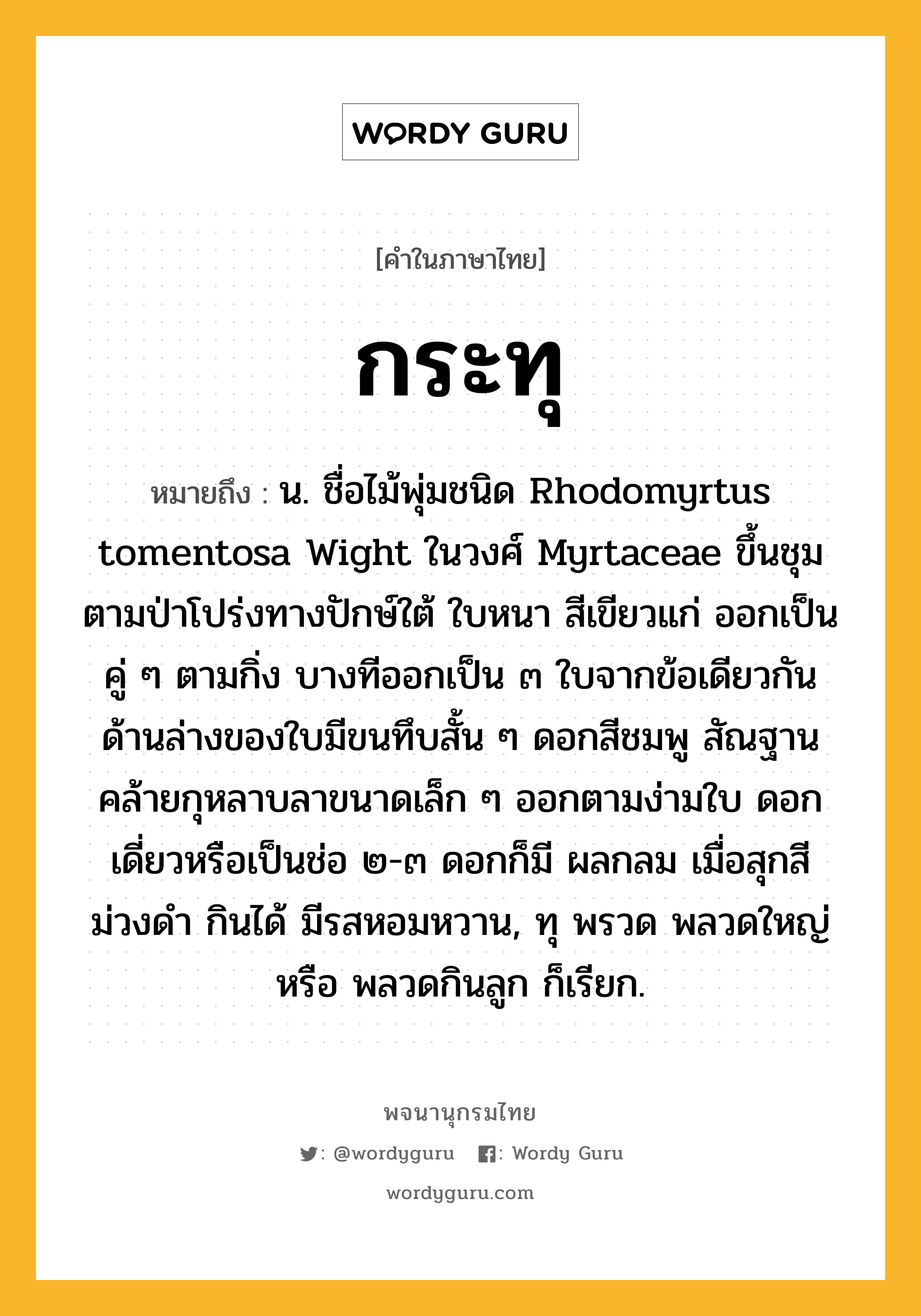 กระทุ หมายถึงอะไร?, คำในภาษาไทย กระทุ หมายถึง น. ชื่อไม้พุ่มชนิด Rhodomyrtus tomentosa Wight ในวงศ์ Myrtaceae ขึ้นชุมตามป่าโปร่งทางปักษ์ใต้ ใบหนา สีเขียวแก่ ออกเป็นคู่ ๆ ตามกิ่ง บางทีออกเป็น ๓ ใบจากข้อเดียวกัน ด้านล่างของใบมีขนทึบสั้น ๆ ดอกสีชมพู สัณฐานคล้ายกุหลาบลาขนาดเล็ก ๆ ออกตามง่ามใบ ดอกเดี่ยวหรือเป็นช่อ ๒-๓ ดอกก็มี ผลกลม เมื่อสุกสีม่วงดํา กินได้ มีรสหอมหวาน, ทุ พรวด พลวดใหญ่ หรือ พลวดกินลูก ก็เรียก.