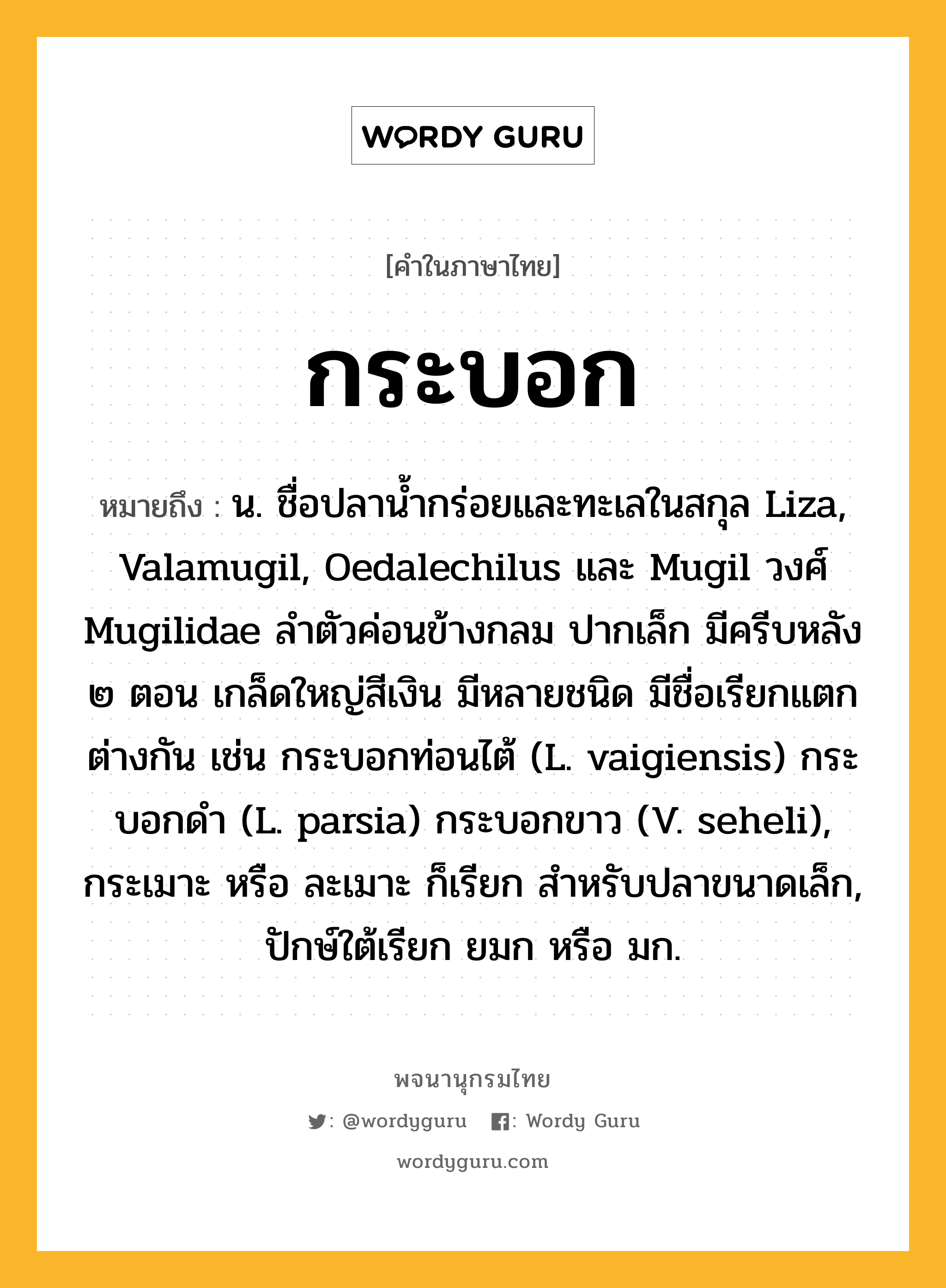 กระบอก หมายถึงอะไร?, คำในภาษาไทย กระบอก หมายถึง น. ชื่อปลานํ้ากร่อยและทะเลในสกุล Liza, Valamugil, Oedalechilus และ Mugil วงศ์ Mugilidae ลําตัวค่อนข้างกลม ปากเล็ก มีครีบหลัง ๒ ตอน เกล็ดใหญ่สีเงิน มีหลายชนิด มีชื่อเรียกแตกต่างกัน เช่น กระบอกท่อนไต้ (L. vaigiensis) กระบอกดํา (L. parsia) กระบอกขาว (V. seheli), กระเมาะ หรือ ละเมาะ ก็เรียก สําหรับปลาขนาดเล็ก, ปักษ์ใต้เรียก ยมก หรือ มก.