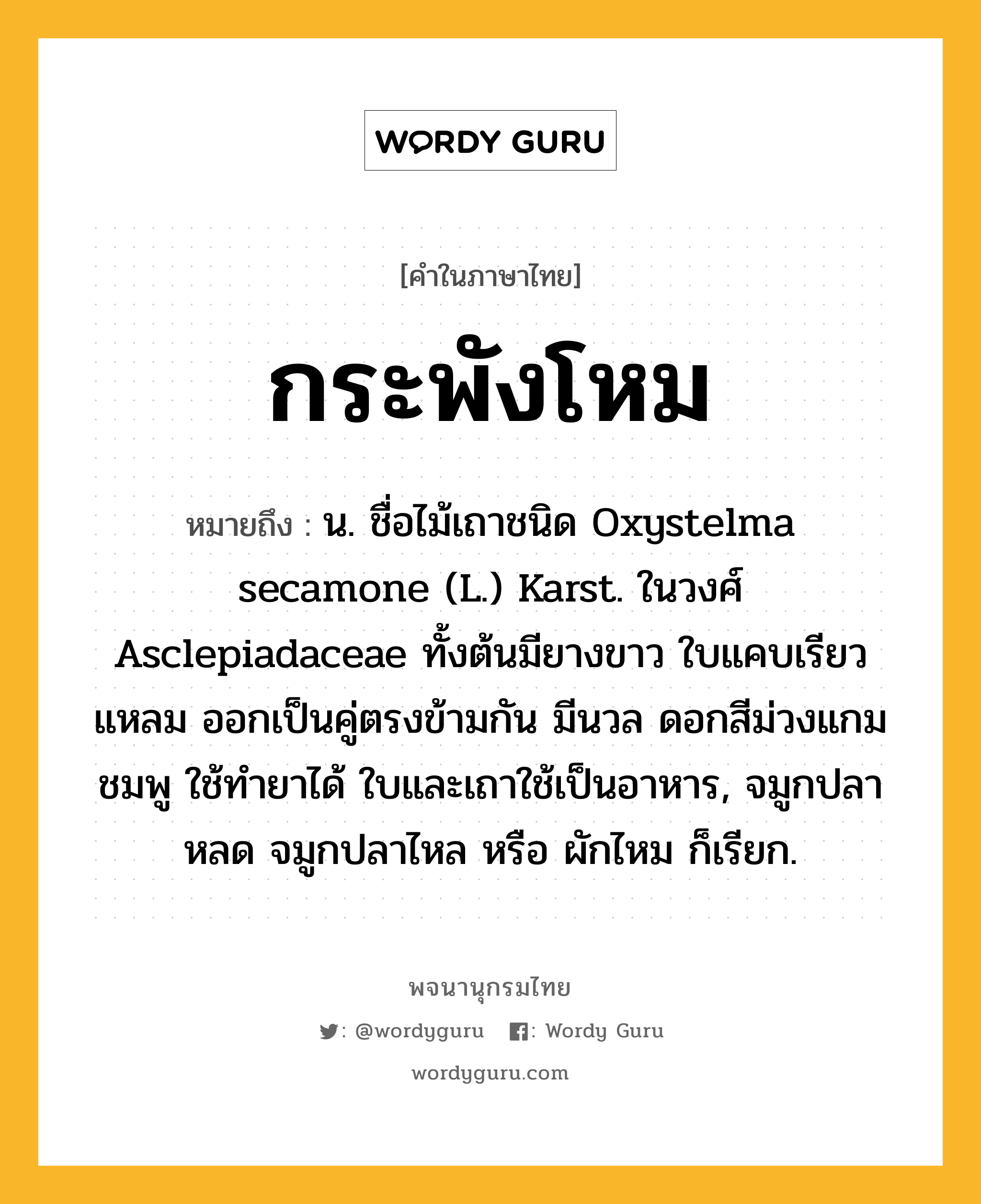 กระพังโหม หมายถึงอะไร?, คำในภาษาไทย กระพังโหม หมายถึง น. ชื่อไม้เถาชนิด Oxystelma secamone (L.) Karst. ในวงศ์ Asclepiadaceae ทั้งต้นมียางขาว ใบแคบเรียวแหลม ออกเป็นคู่ตรงข้ามกัน มีนวล ดอกสีม่วงแกมชมพู ใช้ทํายาได้ ใบและเถาใช้เป็นอาหาร, จมูกปลาหลด จมูกปลาไหล หรือ ผักไหม ก็เรียก.