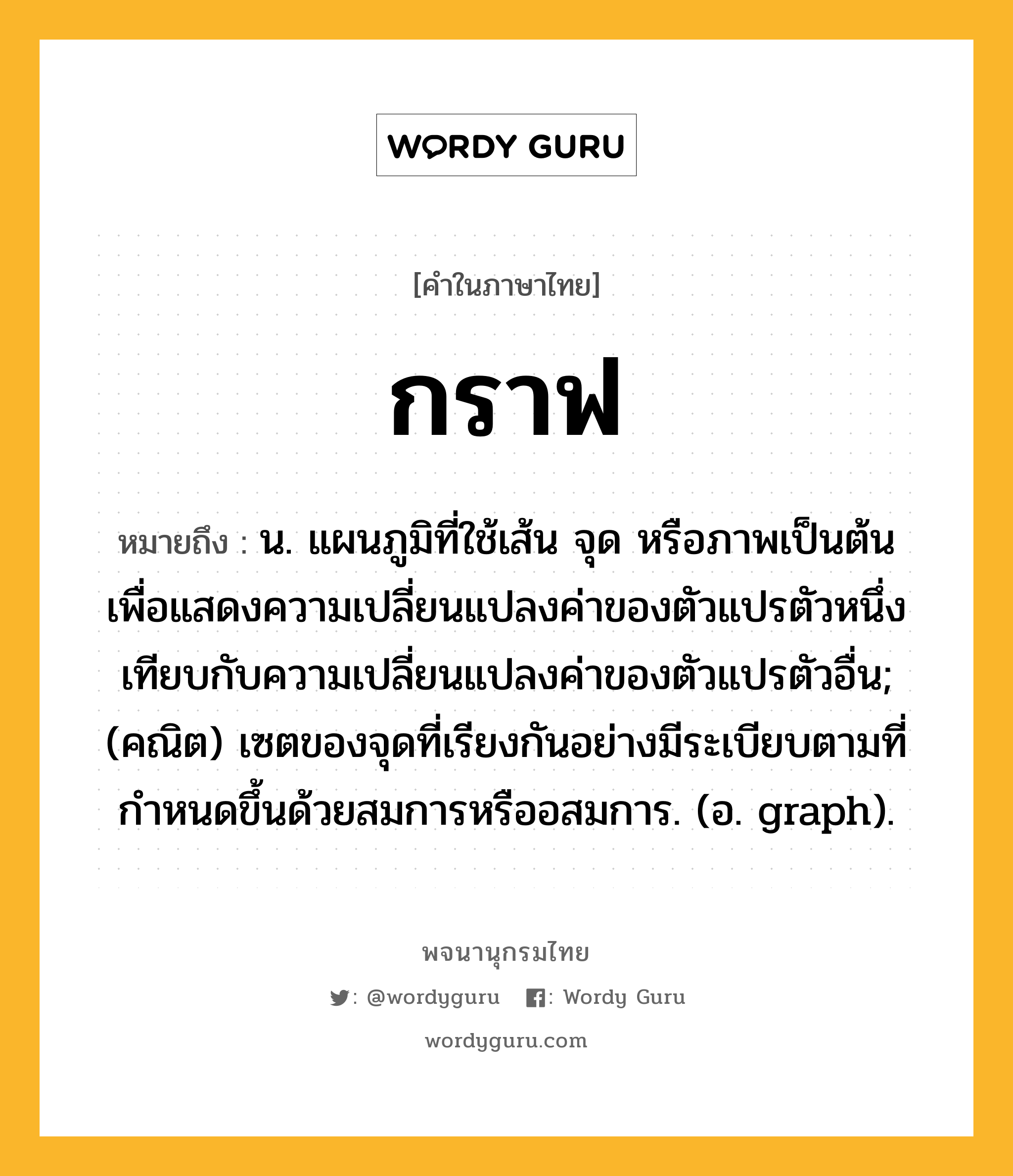 กราฟ หมายถึงอะไร?, คำในภาษาไทย กราฟ หมายถึง น. แผนภูมิที่ใช้เส้น จุด หรือภาพเป็นต้น เพื่อแสดงความเปลี่ยนแปลงค่าของตัวแปรตัวหนึ่งเทียบกับความเปลี่ยนแปลงค่าของตัวแปรตัวอื่น; (คณิต) เซตของจุดที่เรียงกันอย่างมีระเบียบตามที่กําหนดขึ้นด้วยสมการหรืออสมการ. (อ. graph).