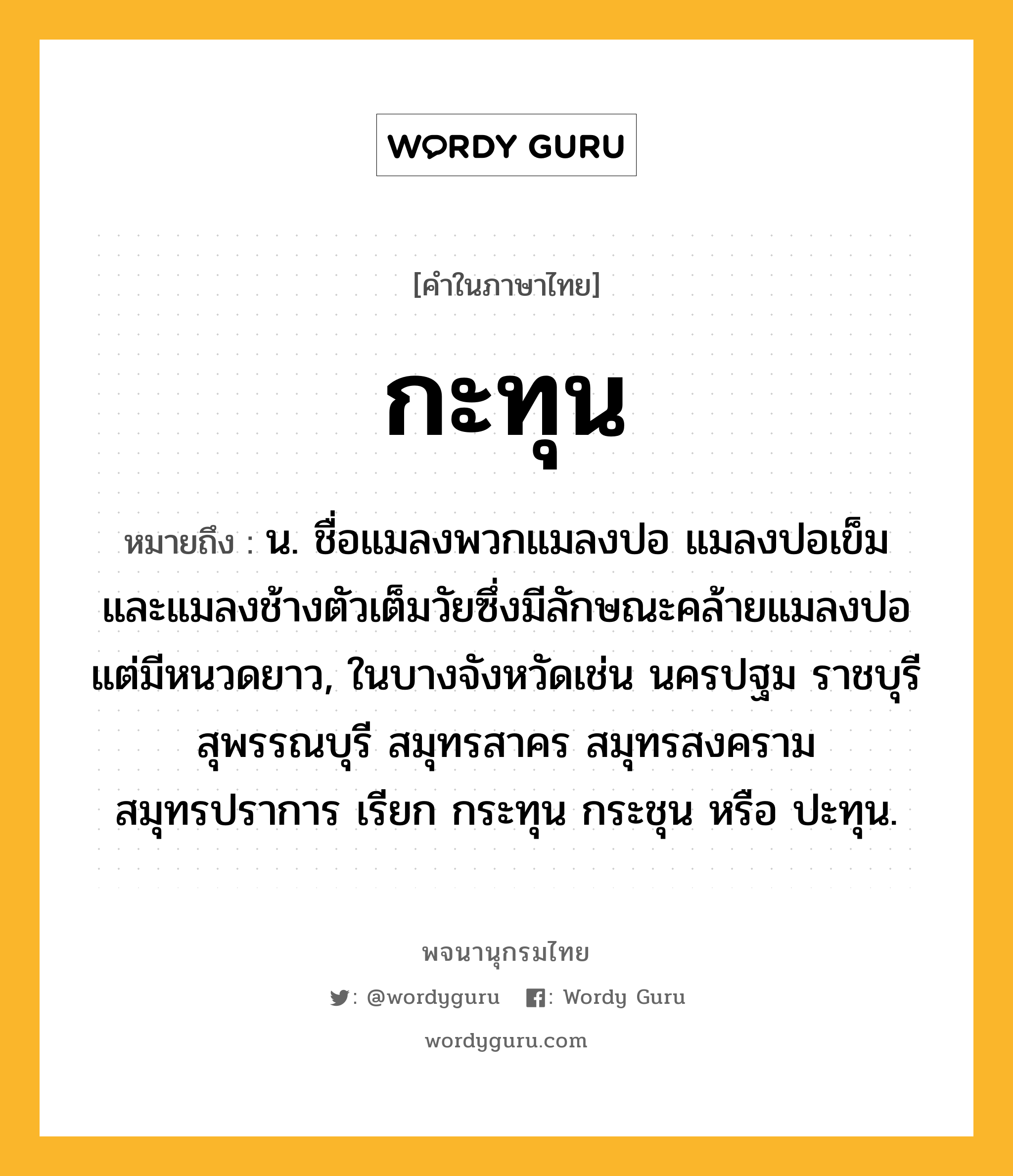 กะทุน หมายถึงอะไร?, คำในภาษาไทย กะทุน หมายถึง น. ชื่อแมลงพวกแมลงปอ แมลงปอเข็ม และแมลงช้างตัวเต็มวัยซึ่งมีลักษณะคล้ายแมลงปอ แต่มีหนวดยาว, ในบางจังหวัดเช่น นครปฐม ราชบุรี สุพรรณบุรี สมุทรสาคร สมุทรสงคราม สมุทรปราการ เรียก กระทุน กระชุน หรือ ปะทุน.