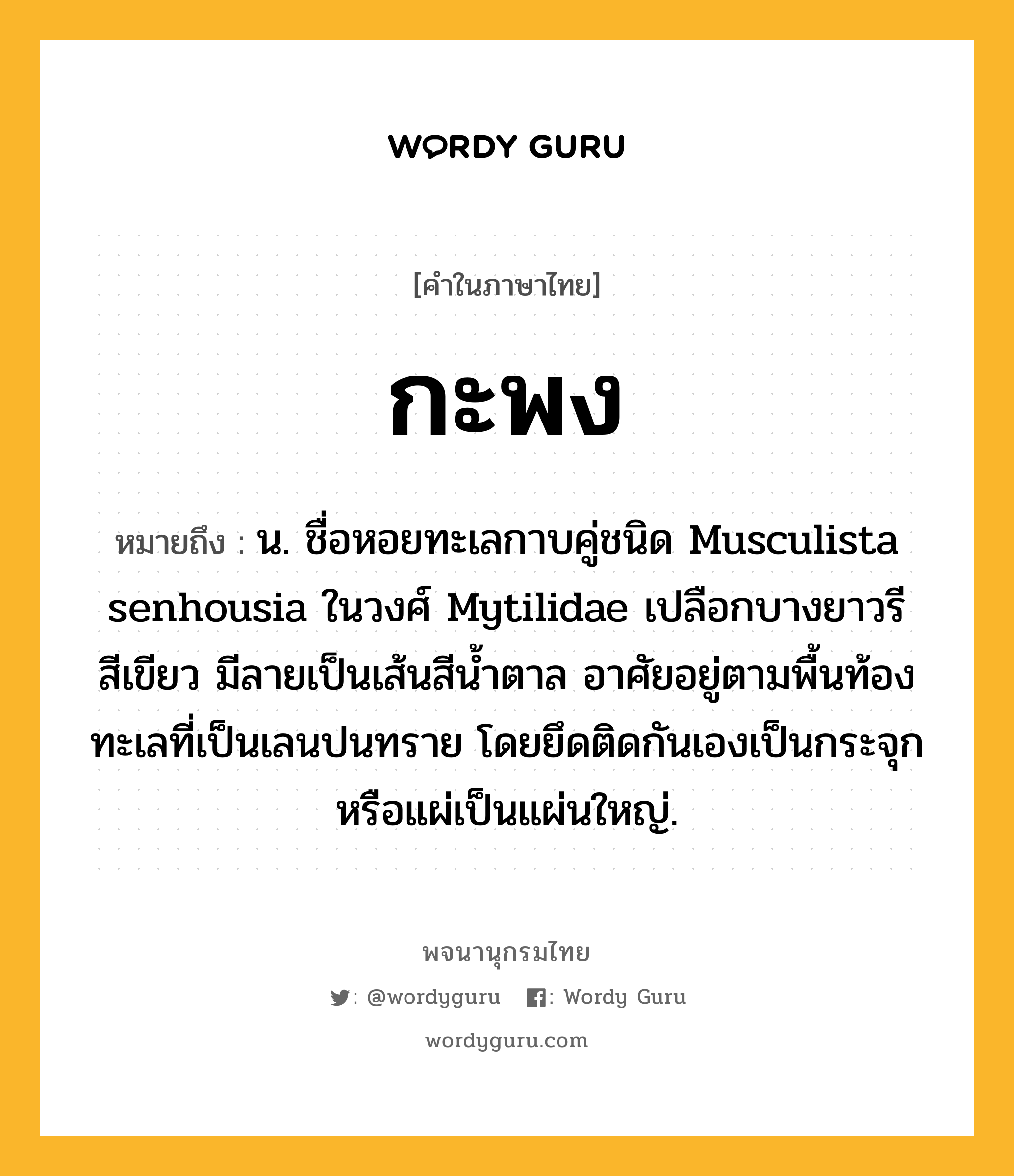 กะพง ความหมาย หมายถึงอะไร?, คำในภาษาไทย กะพง หมายถึง น. ชื่อหอยทะเลกาบคู่ชนิด Musculista senhousia ในวงศ์ Mytilidae เปลือกบางยาวรี สีเขียว มีลายเป็นเส้นสีนํ้าตาล อาศัยอยู่ตามพื้นท้องทะเลที่เป็นเลนปนทราย โดยยึดติดกันเองเป็นกระจุกหรือแผ่เป็นแผ่นใหญ่.