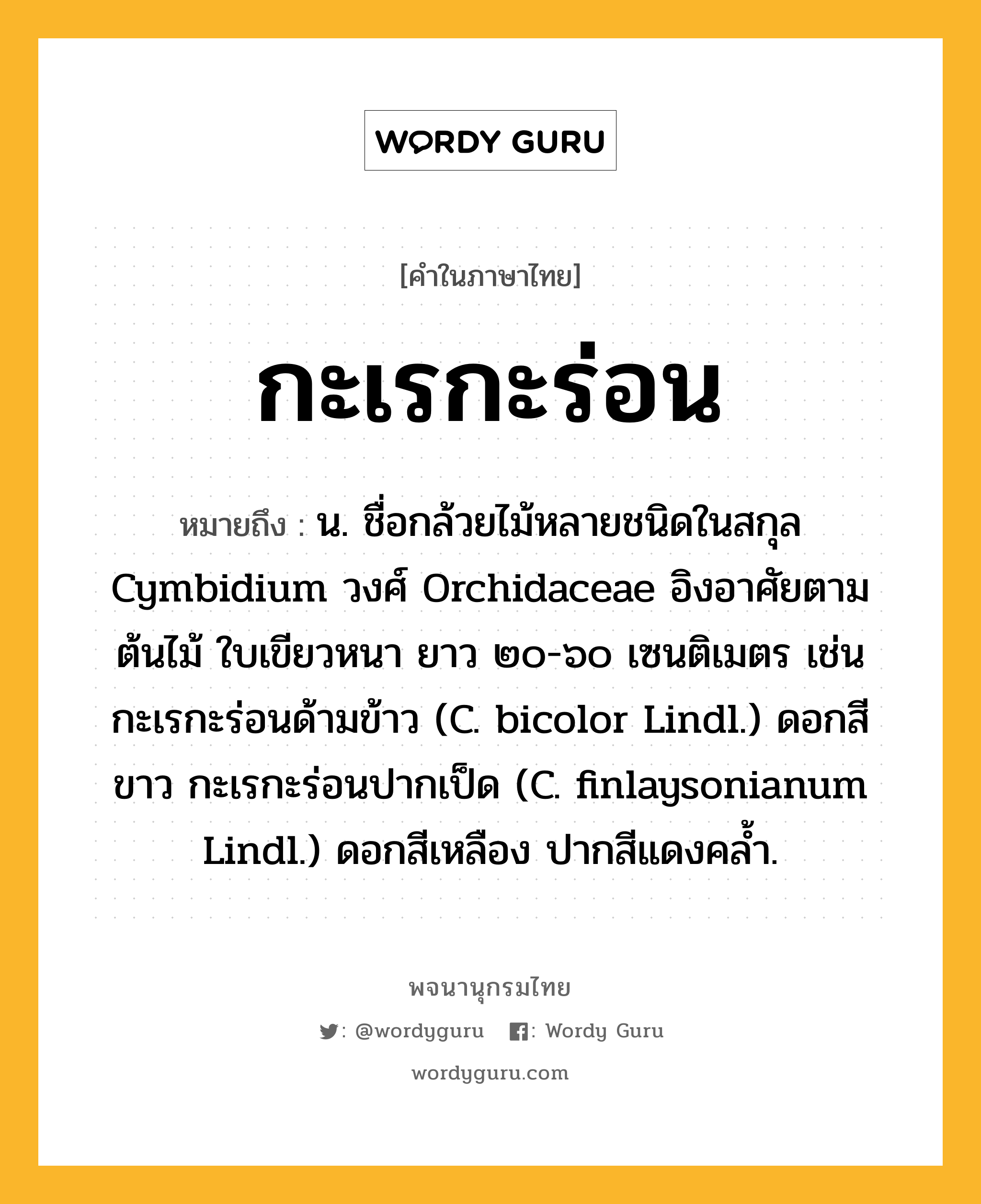 กะเรกะร่อน ความหมาย หมายถึงอะไร?, คำในภาษาไทย กะเรกะร่อน หมายถึง น. ชื่อกล้วยไม้หลายชนิดในสกุล Cymbidium วงศ์ Orchidaceae อิงอาศัยตามต้นไม้ ใบเขียวหนา ยาว ๒๐-๖๐ เซนติเมตร เช่น กะเรกะร่อนด้ามข้าว (C. bicolor Lindl.) ดอกสีขาว กะเรกะร่อนปากเป็ด (C. finlaysonianum Lindl.) ดอกสีเหลือง ปากสีแดงคลํ้า.