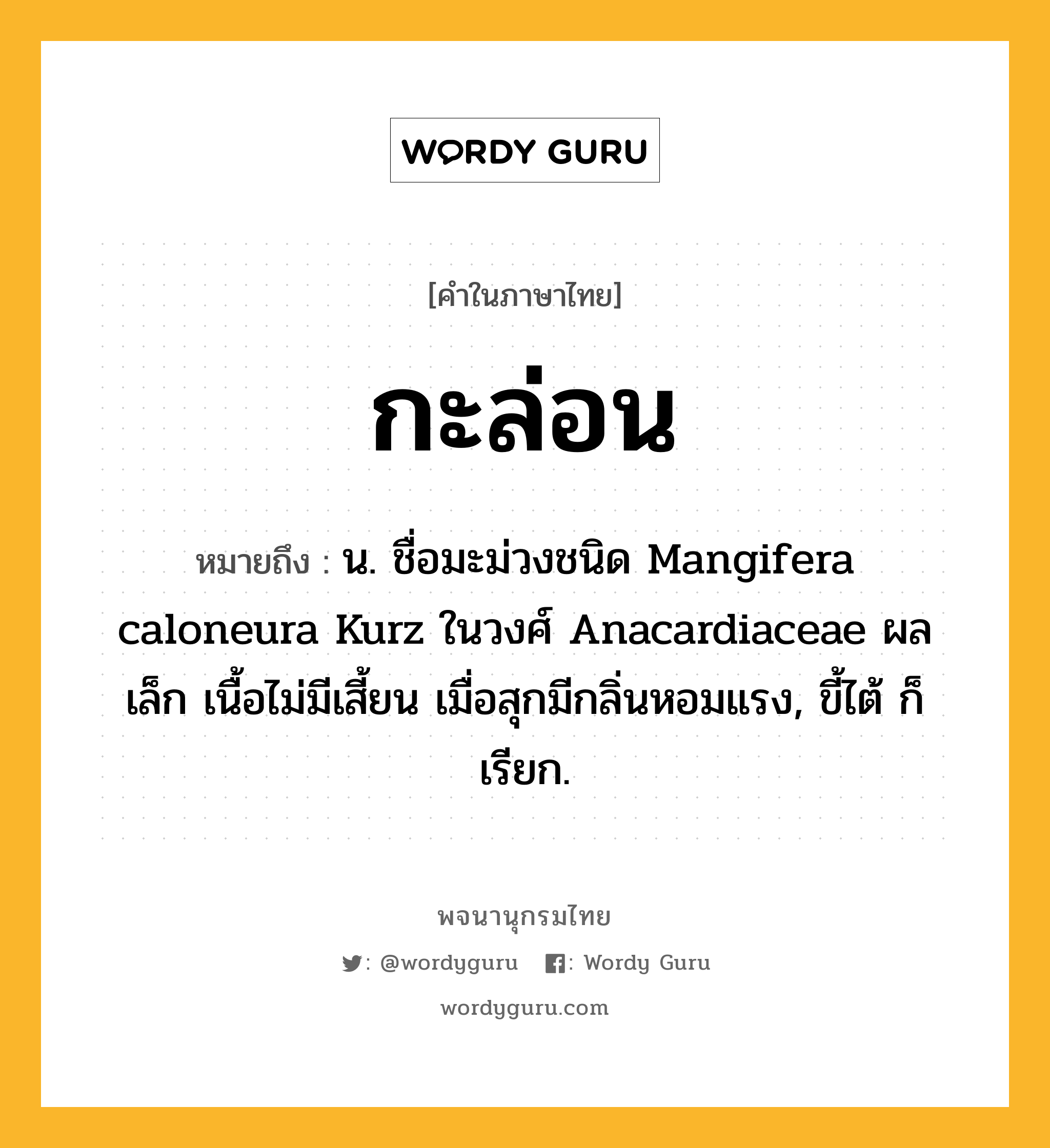 กะล่อน ความหมาย หมายถึงอะไร?, คำในภาษาไทย กะล่อน หมายถึง น. ชื่อมะม่วงชนิด Mangifera caloneura Kurz ในวงศ์ Anacardiaceae ผลเล็ก เนื้อไม่มีเสี้ยน เมื่อสุกมีกลิ่นหอมแรง, ขี้ไต้ ก็เรียก.