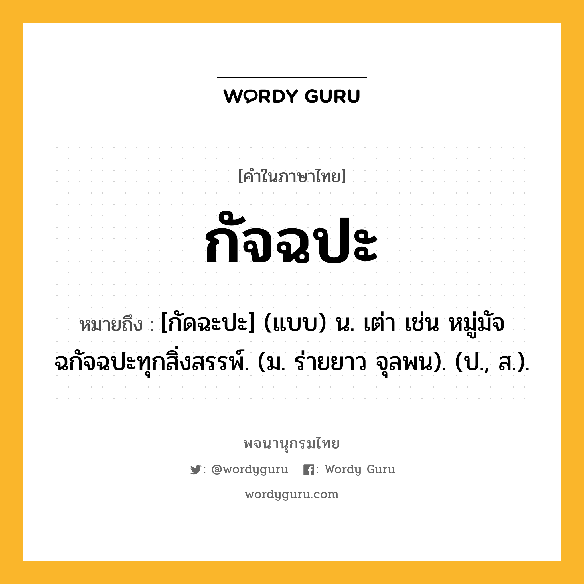 กัจฉปะ ความหมาย หมายถึงอะไร?, คำในภาษาไทย กัจฉปะ หมายถึง [กัดฉะปะ] (แบบ) น. เต่า เช่น หมู่มัจฉกัจฉปะทุกสิ่งสรรพ์. (ม. ร่ายยาว จุลพน). (ป., ส.).