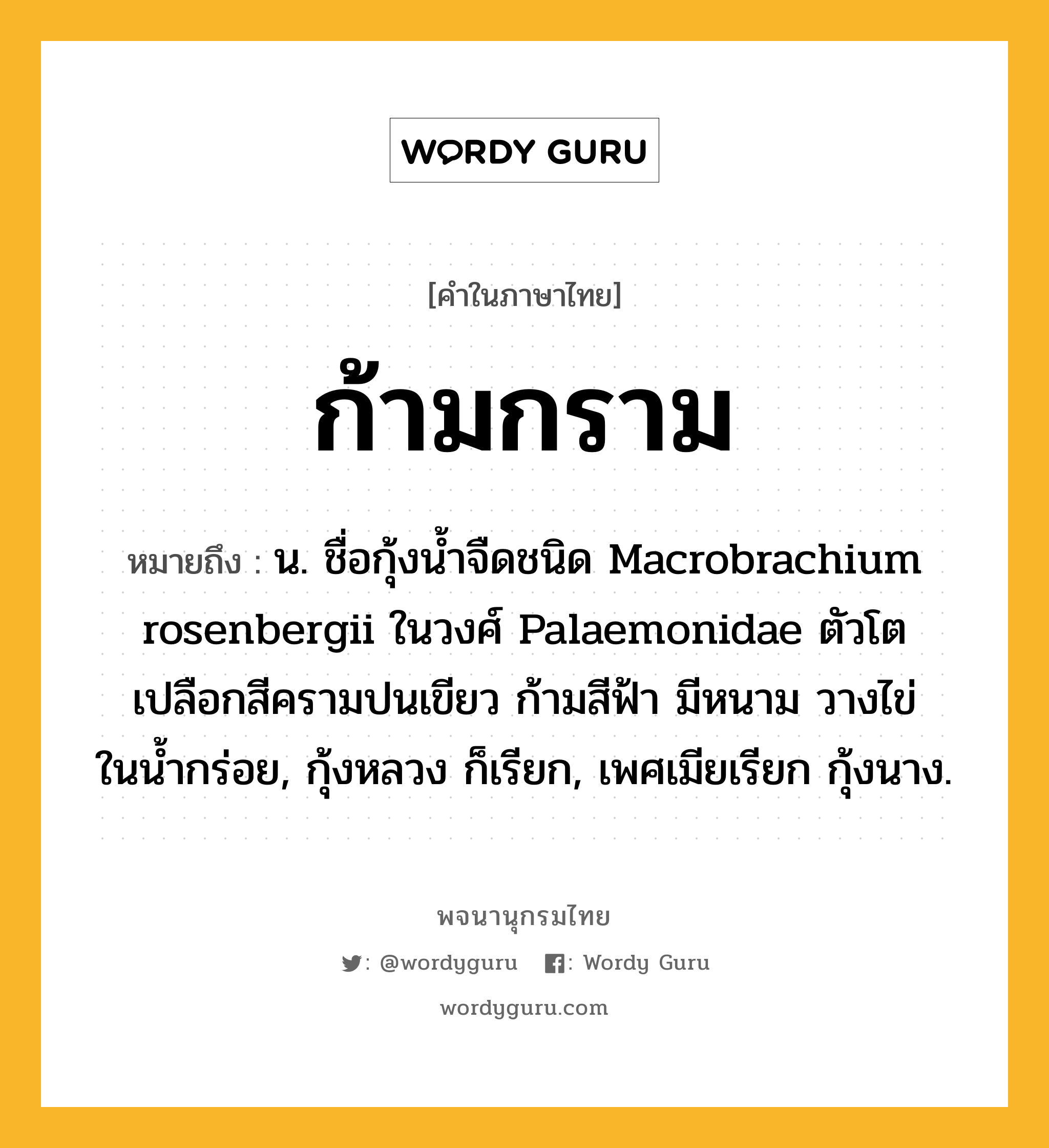 ก้ามกราม หมายถึงอะไร?, คำในภาษาไทย ก้ามกราม หมายถึง น. ชื่อกุ้งนํ้าจืดชนิด Macrobrachium rosenbergii ในวงศ์ Palaemonidae ตัวโต เปลือกสีครามปนเขียว ก้ามสีฟ้า มีหนาม วางไข่ในนํ้ากร่อย, กุ้งหลวง ก็เรียก, เพศเมียเรียก กุ้งนาง.