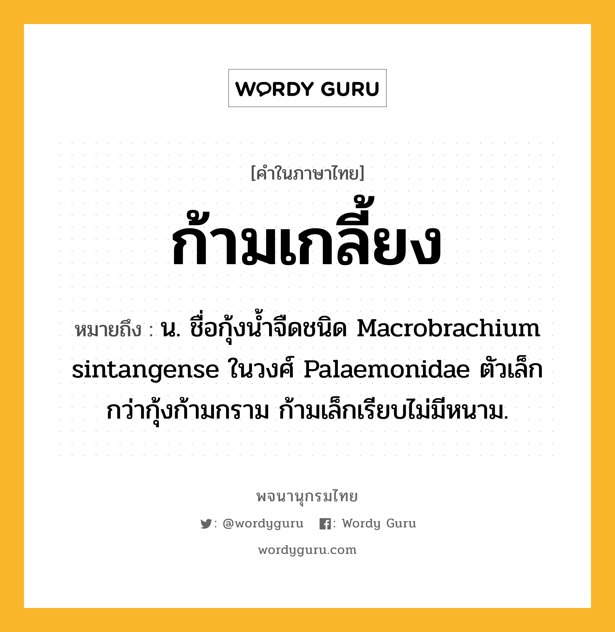 ก้ามเกลี้ยง หมายถึงอะไร?, คำในภาษาไทย ก้ามเกลี้ยง หมายถึง น. ชื่อกุ้งนํ้าจืดชนิด Macrobrachium sintangense ในวงศ์ Palaemonidae ตัวเล็กกว่ากุ้งก้ามกราม ก้ามเล็กเรียบไม่มีหนาม.