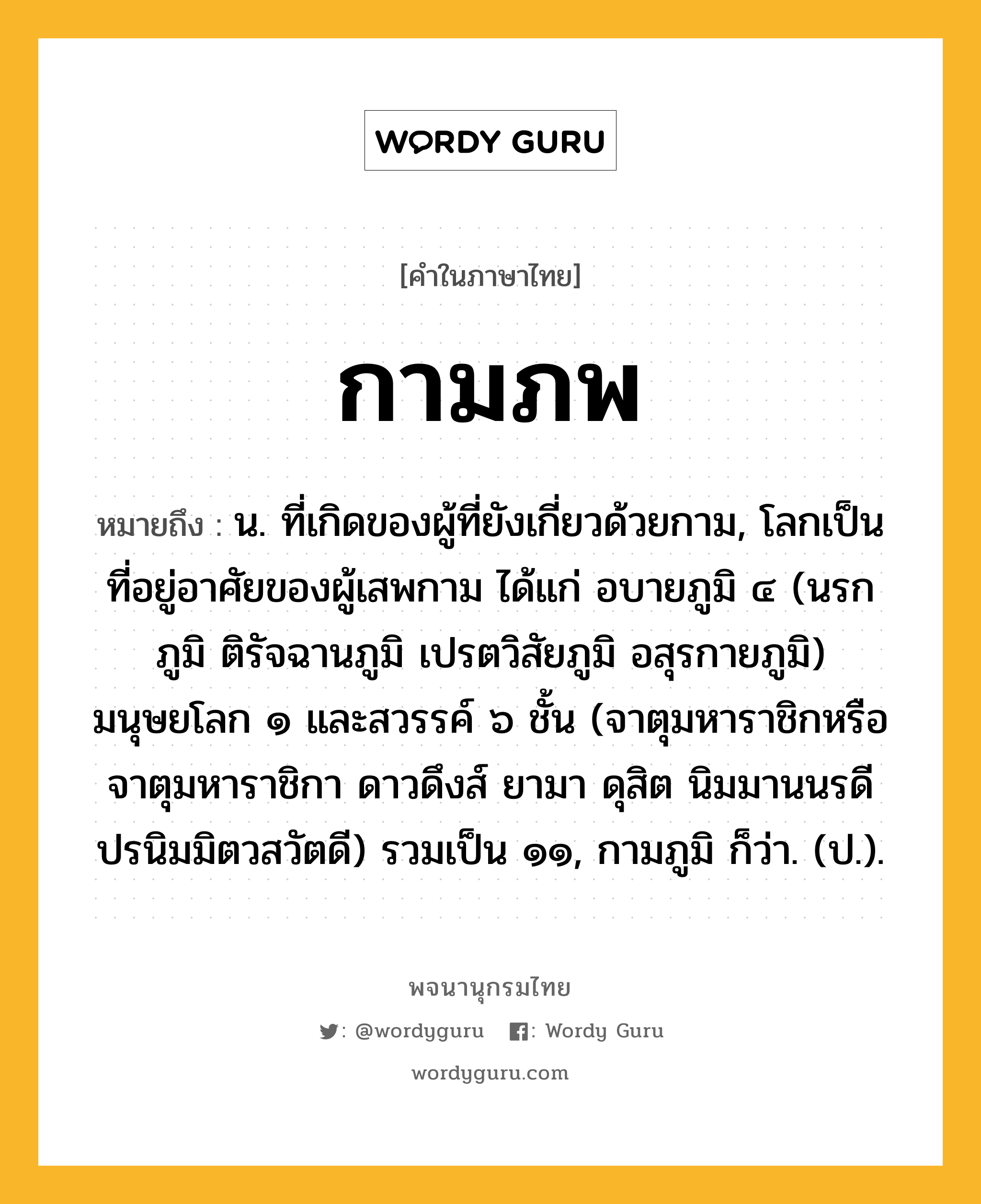 กามภพ หมายถึงอะไร?, คำในภาษาไทย กามภพ หมายถึง น. ที่เกิดของผู้ที่ยังเกี่ยวด้วยกาม, โลกเป็นที่อยู่อาศัยของผู้เสพกาม ได้แก่ อบายภูมิ ๔ (นรกภูมิ ติรัจฉานภูมิ เปรตวิสัยภูมิ อสุรกายภูมิ) มนุษยโลก ๑ และสวรรค์ ๖ ชั้น (จาตุมหาราชิกหรือจาตุมหาราชิกา ดาวดึงส์ ยามา ดุสิต นิมมานนรดี ปรนิมมิตวสวัตดี) รวมเป็น ๑๑, กามภูมิ ก็ว่า. (ป.).