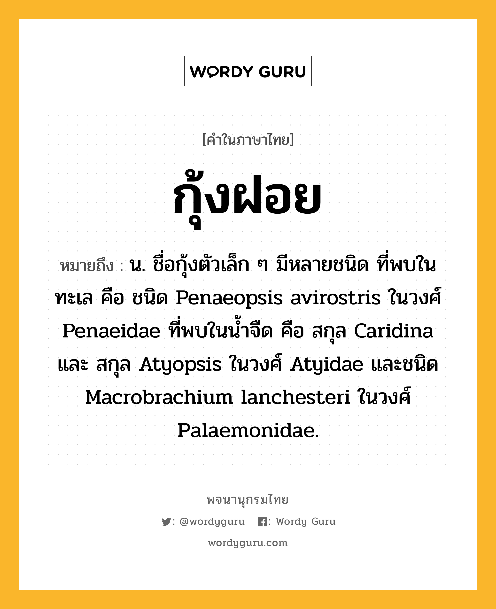 กุ้งฝอย ความหมาย หมายถึงอะไร?, คำในภาษาไทย กุ้งฝอย หมายถึง น. ชื่อกุ้งตัวเล็ก ๆ มีหลายชนิด ที่พบในทะเล คือ ชนิด Penaeopsis avirostris ในวงศ์ Penaeidae ที่พบในนํ้าจืด คือ สกุล Caridina และ สกุล Atyopsis ในวงศ์ Atyidae และชนิด Macrobrachium lanchesteri ในวงศ์ Palaemonidae.