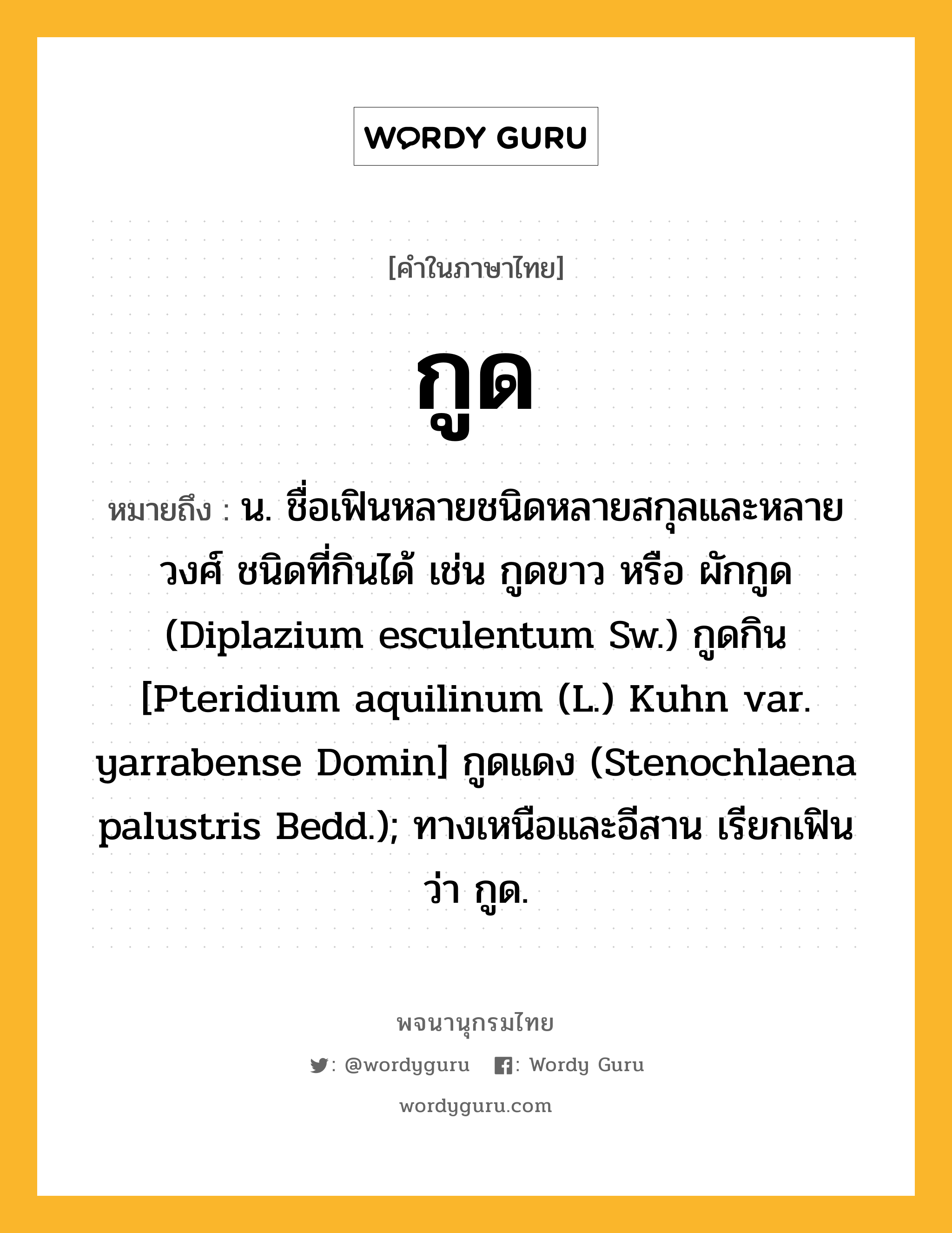 กูด หมายถึงอะไร?, คำในภาษาไทย กูด หมายถึง น. ชื่อเฟินหลายชนิดหลายสกุลและหลายวงศ์ ชนิดที่กินได้ เช่น กูดขาว หรือ ผักกูด (Diplazium esculentum Sw.) กูดกิน [Pteridium aquilinum (L.) Kuhn var. yarrabense Domin] กูดแดง (Stenochlaena palustris Bedd.); ทางเหนือและอีสาน เรียกเฟินว่า กูด.