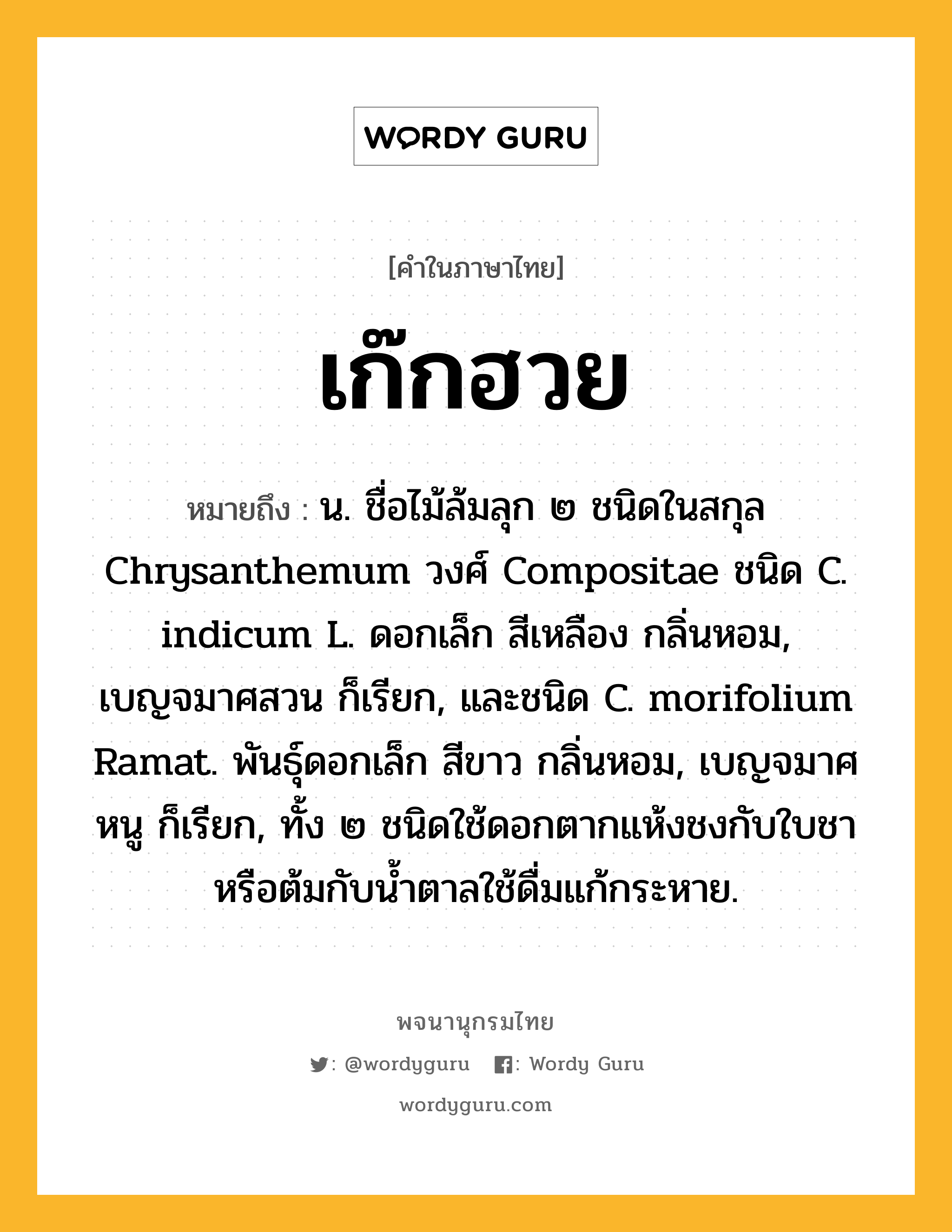 เก๊กฮวย ความหมาย หมายถึงอะไร?, คำในภาษาไทย เก๊กฮวย หมายถึง น. ชื่อไม้ล้มลุก ๒ ชนิดในสกุล Chrysanthemum วงศ์ Compositae ชนิด C. indicum L. ดอกเล็ก สีเหลือง กลิ่นหอม, เบญจมาศสวน ก็เรียก, และชนิด C. morifolium Ramat. พันธุ์ดอกเล็ก สีขาว กลิ่นหอม, เบญจมาศหนู ก็เรียก, ทั้ง ๒ ชนิดใช้ดอกตากแห้งชงกับใบชา หรือต้มกับนํ้าตาลใช้ดื่มแก้กระหาย.