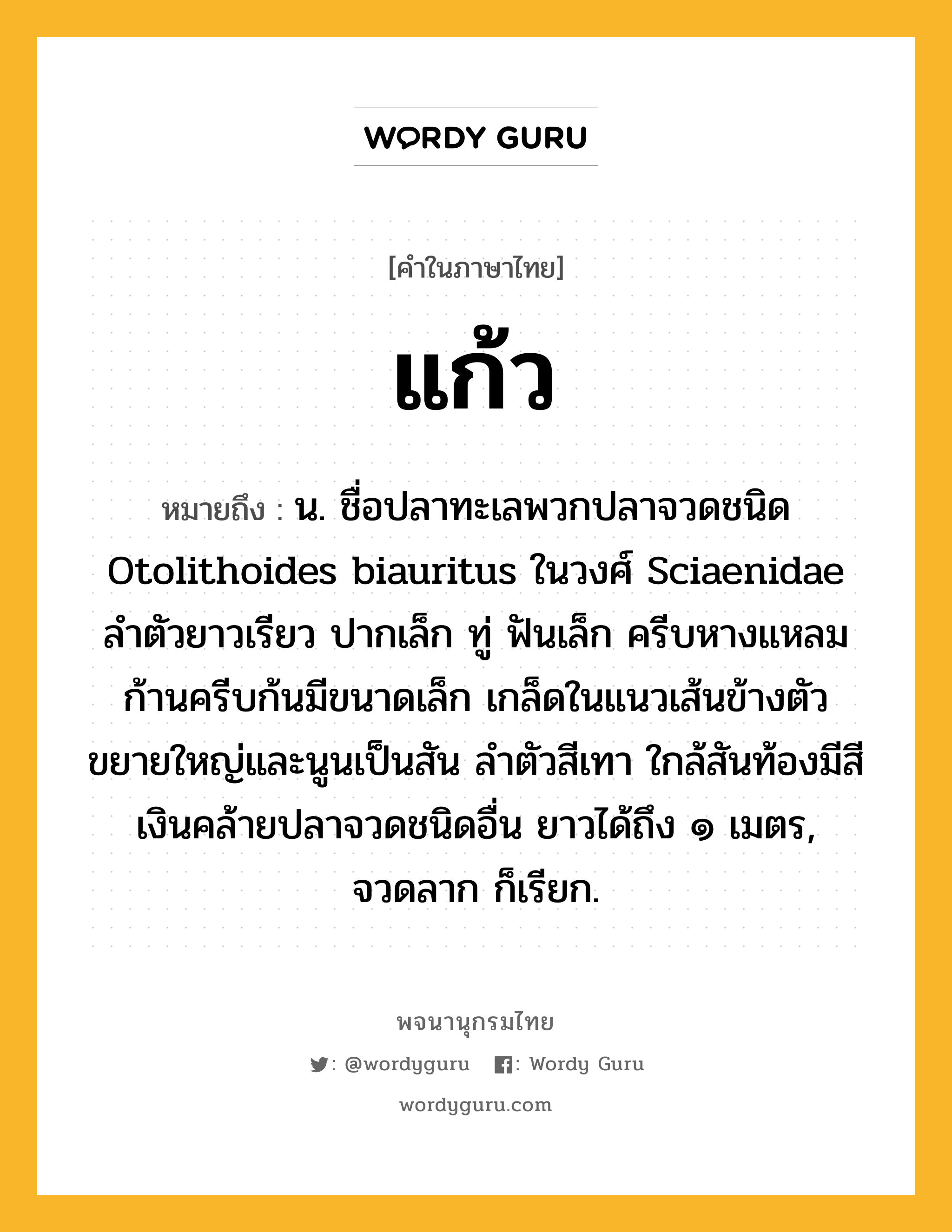 แก้ว หมายถึงอะไร?, คำในภาษาไทย แก้ว หมายถึง น. ชื่อปลาทะเลพวกปลาจวดชนิด Otolithoides biauritus ในวงศ์ Sciaenidae ลําตัวยาวเรียว ปากเล็ก ทู่ ฟันเล็ก ครีบหางแหลม ก้านครีบก้นมีขนาดเล็ก เกล็ดในแนวเส้นข้างตัวขยายใหญ่และนูนเป็นสัน ลําตัวสีเทา ใกล้สันท้องมีสีเงินคล้ายปลาจวดชนิดอื่น ยาวได้ถึง ๑ เมตร, จวดลาก ก็เรียก.