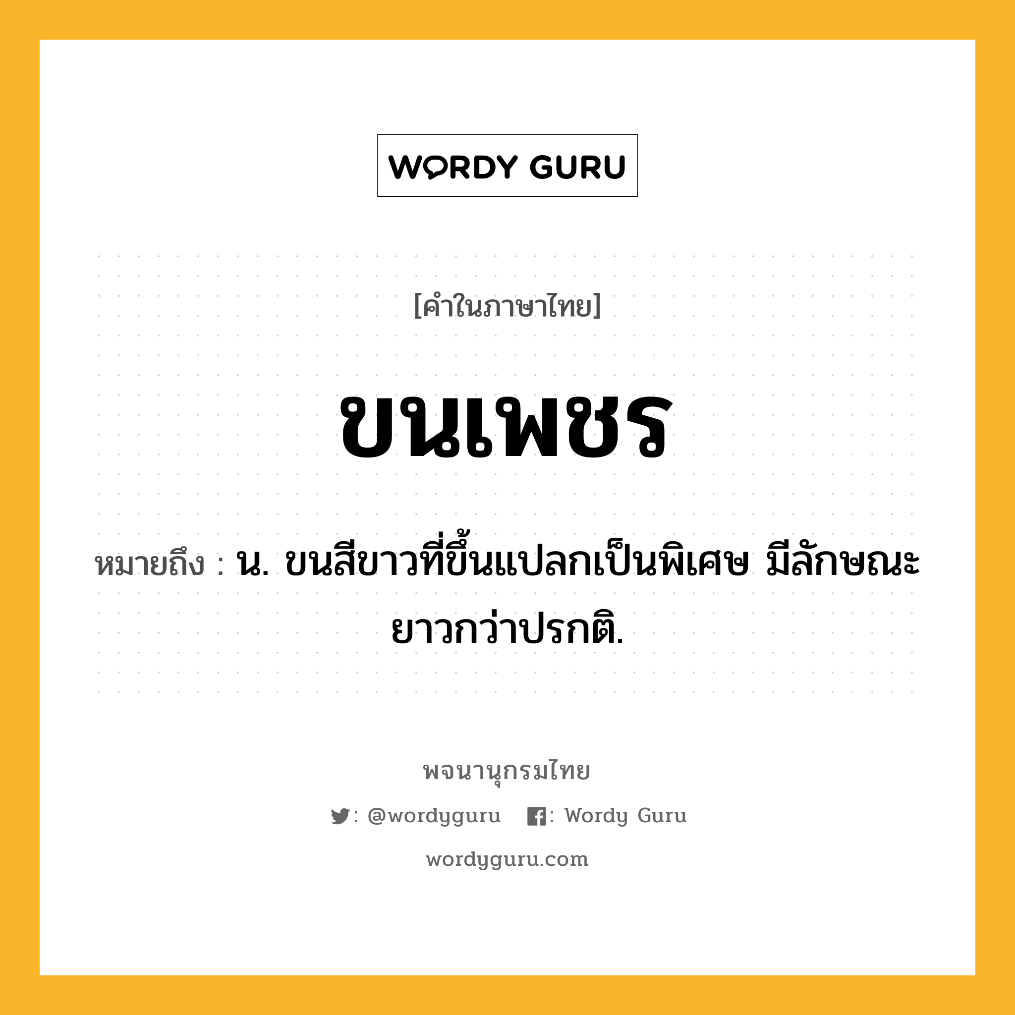 ขนเพชร หมายถึงอะไร?, คำในภาษาไทย ขนเพชร หมายถึง น. ขนสีขาวที่ขึ้นแปลกเป็นพิเศษ มีลักษณะยาวกว่าปรกติ.