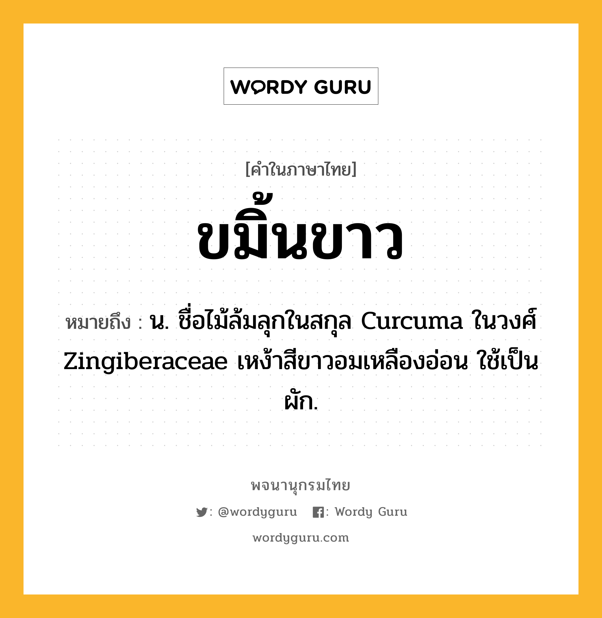 ขมิ้นขาว ความหมาย หมายถึงอะไร?, คำในภาษาไทย ขมิ้นขาว หมายถึง น. ชื่อไม้ล้มลุกในสกุล Curcuma ในวงศ์ Zingiberaceae เหง้าสีขาวอมเหลืองอ่อน ใช้เป็นผัก.