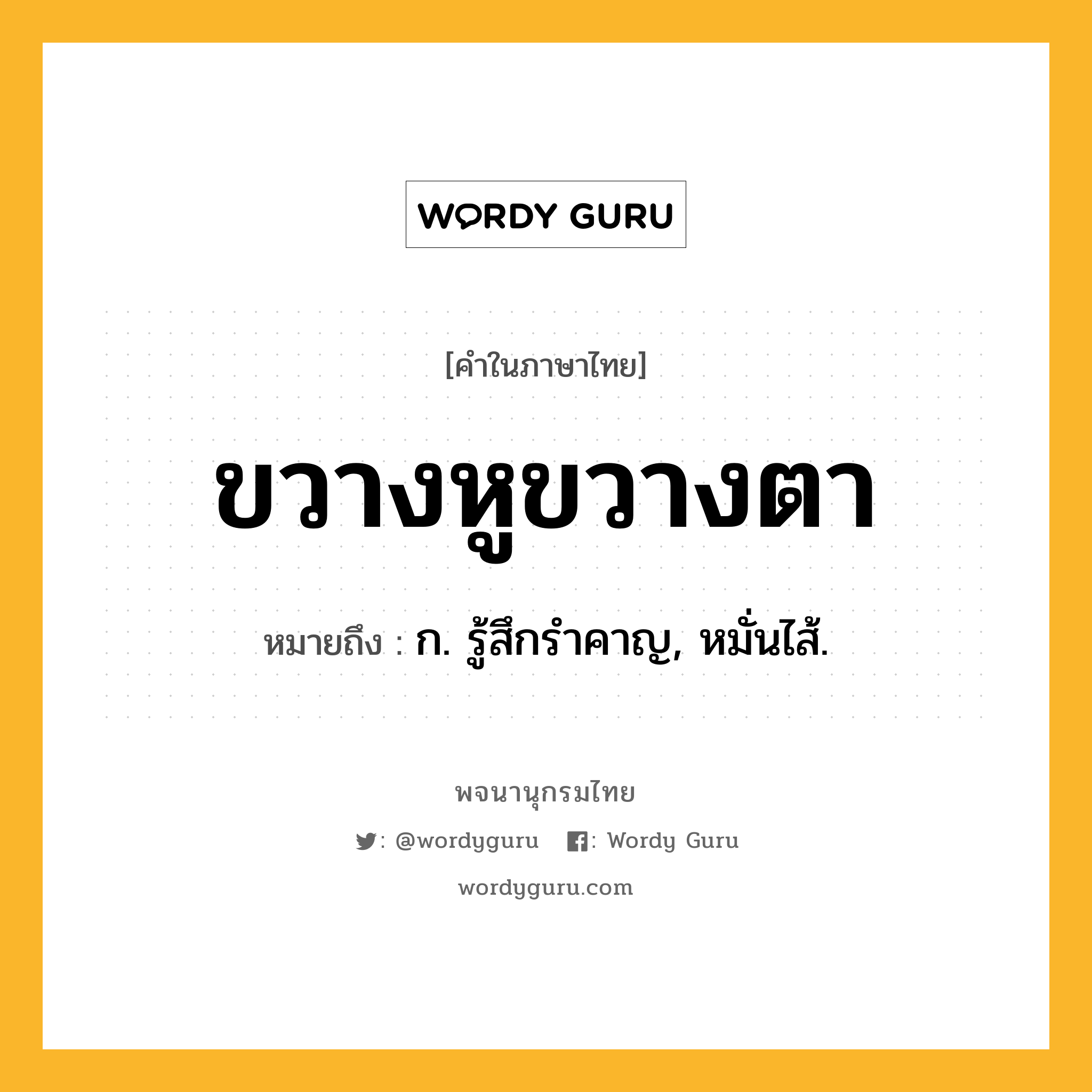 ขวางหูขวางตา ความหมาย หมายถึงอะไร?, คำในภาษาไทย ขวางหูขวางตา หมายถึง ก. รู้สึกรำคาญ, หมั่นไส้.