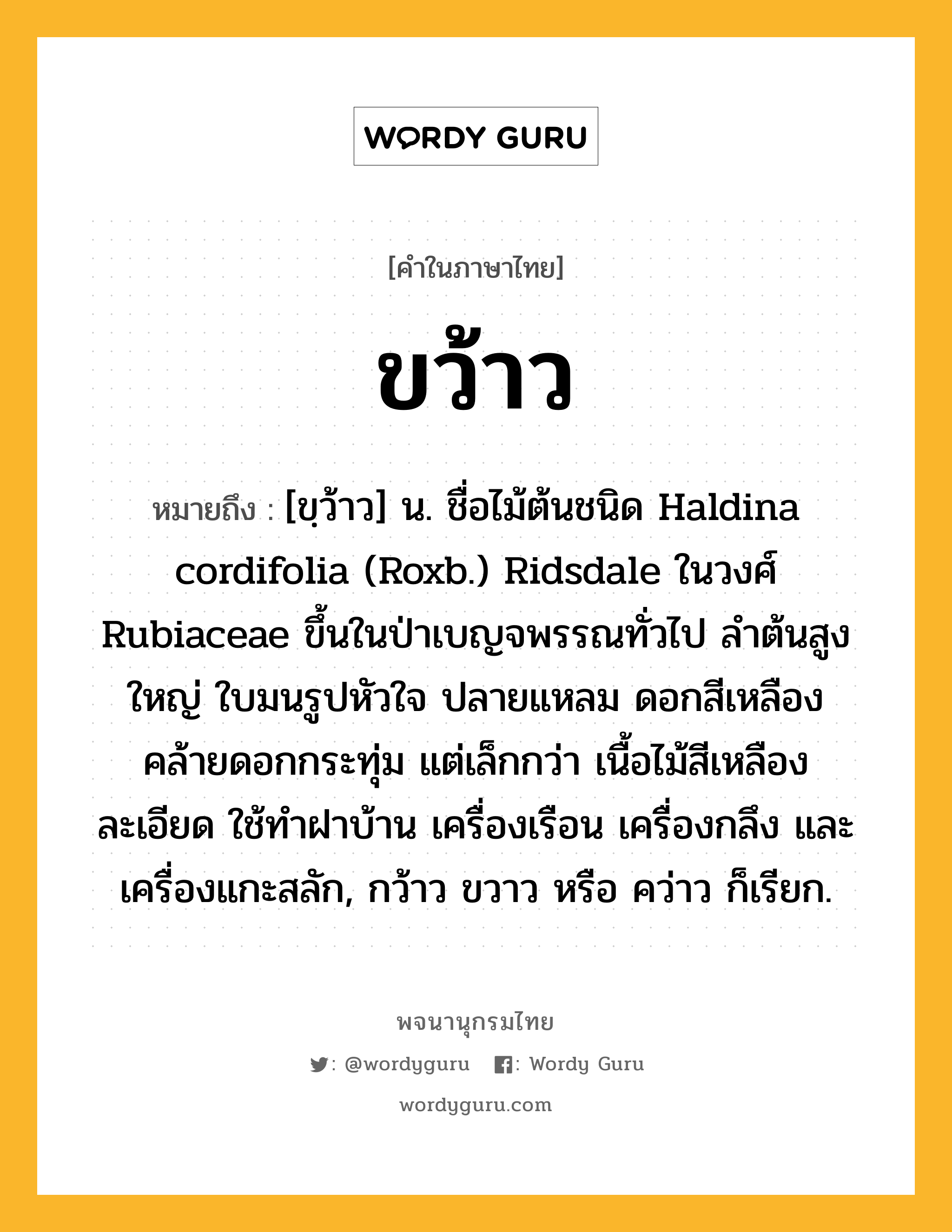 ขว้าว หมายถึงอะไร?, คำในภาษาไทย ขว้าว หมายถึง [ขฺว้าว] น. ชื่อไม้ต้นชนิด Haldina cordifolia (Roxb.) Ridsdale ในวงศ์ Rubiaceae ขึ้นในป่าเบญจพรรณทั่วไป ลําต้นสูงใหญ่ ใบมนรูปหัวใจ ปลายแหลม ดอกสีเหลือง คล้ายดอกกระทุ่ม แต่เล็กกว่า เนื้อไม้สีเหลือง ละเอียด ใช้ทําฝาบ้าน เครื่องเรือน เครื่องกลึง และเครื่องแกะสลัก, กว้าว ขวาว หรือ คว่าว ก็เรียก.