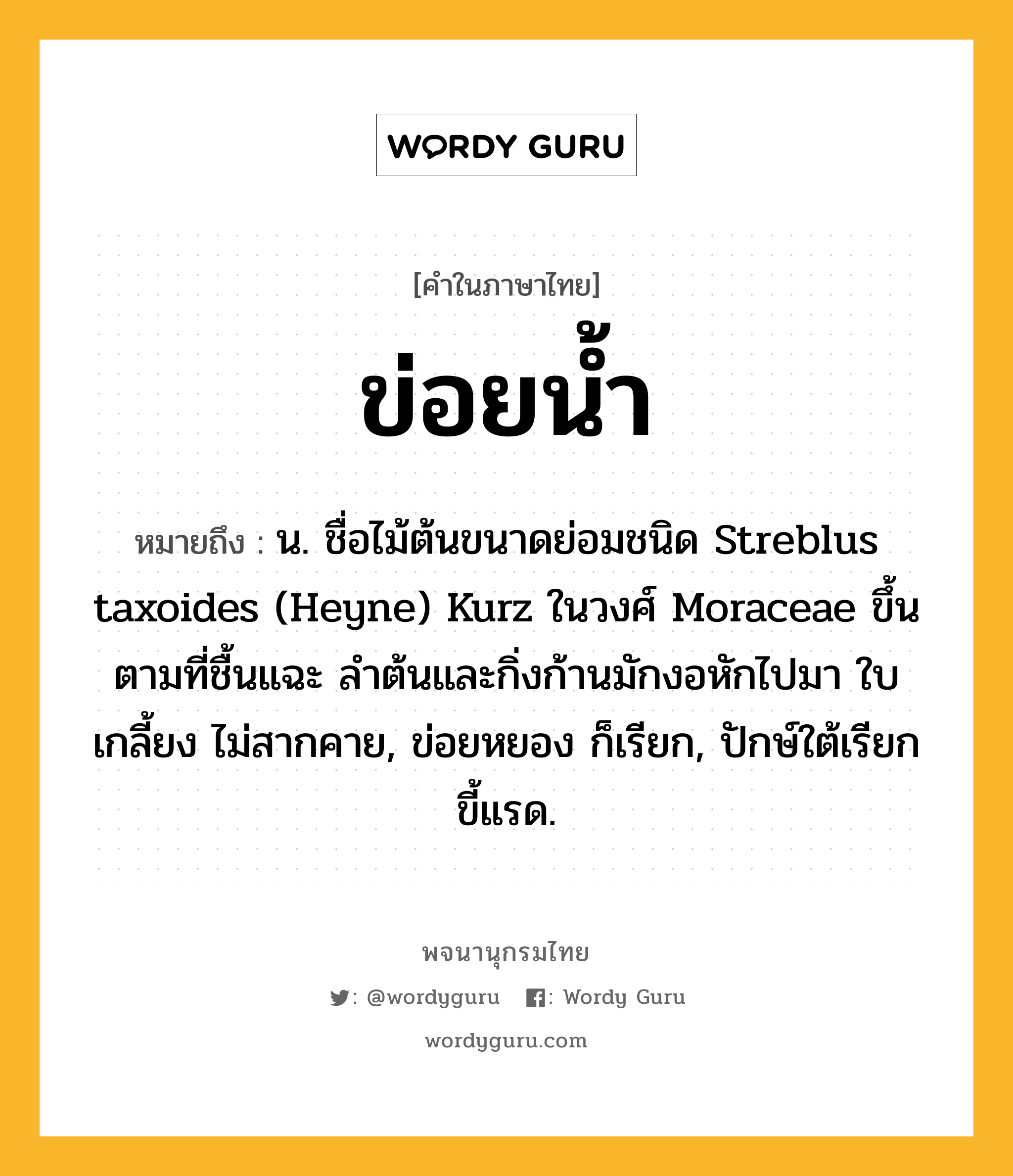 ข่อยน้ำ หมายถึงอะไร?, คำในภาษาไทย ข่อยน้ำ หมายถึง น. ชื่อไม้ต้นขนาดย่อมชนิด Streblus taxoides (Heyne) Kurz ในวงศ์ Moraceae ขึ้นตามที่ชื้นแฉะ ลําต้นและกิ่งก้านมักงอหักไปมา ใบเกลี้ยง ไม่สากคาย, ข่อยหยอง ก็เรียก, ปักษ์ใต้เรียก ขี้แรด.