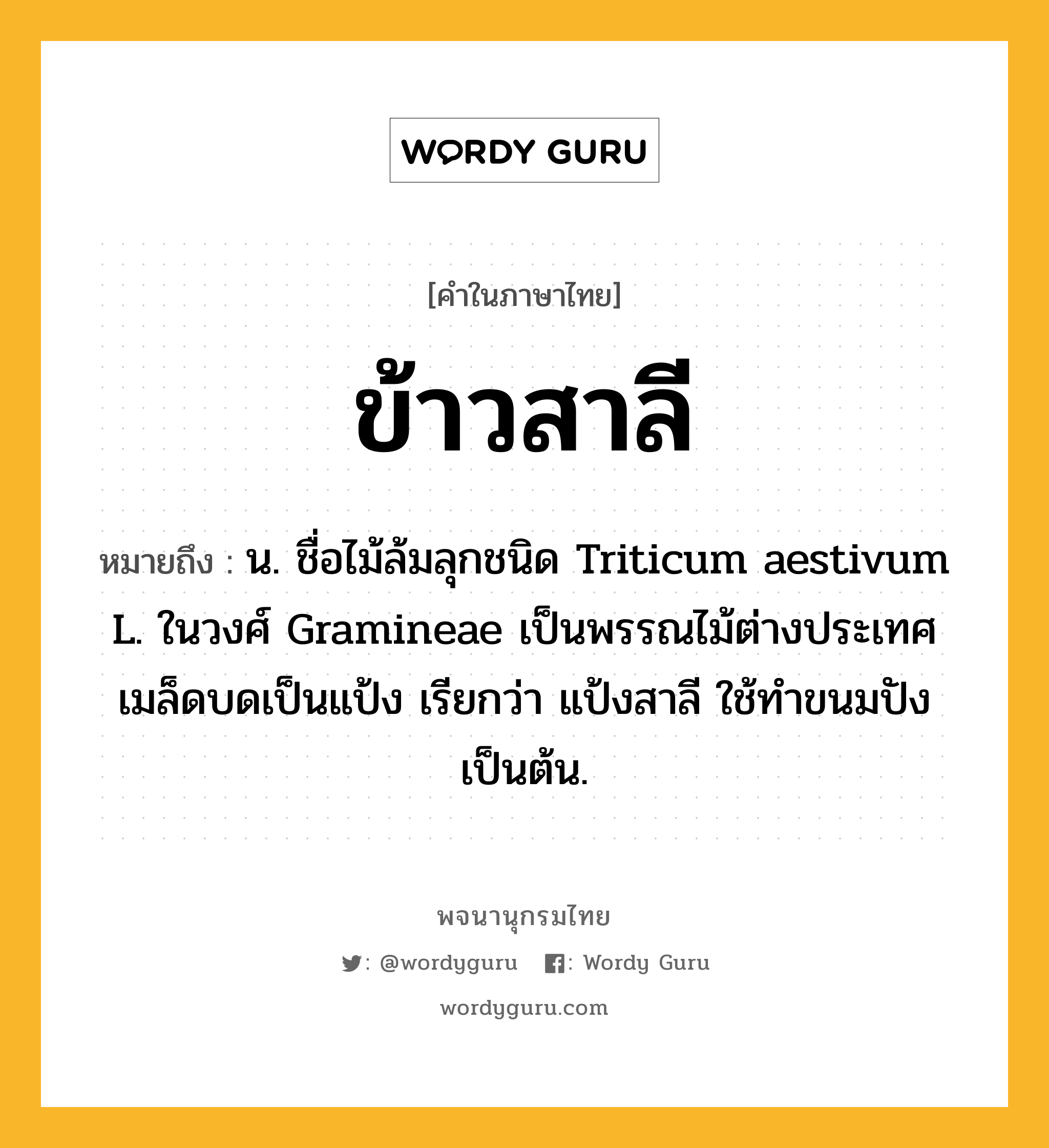 ข้าวสาลี หมายถึงอะไร?, คำในภาษาไทย ข้าวสาลี หมายถึง น. ชื่อไม้ล้มลุกชนิด Triticum aestivum L. ในวงศ์ Gramineae เป็นพรรณไม้ต่างประเทศ เมล็ดบดเป็นแป้ง เรียกว่า แป้งสาลี ใช้ทําขนมปังเป็นต้น.