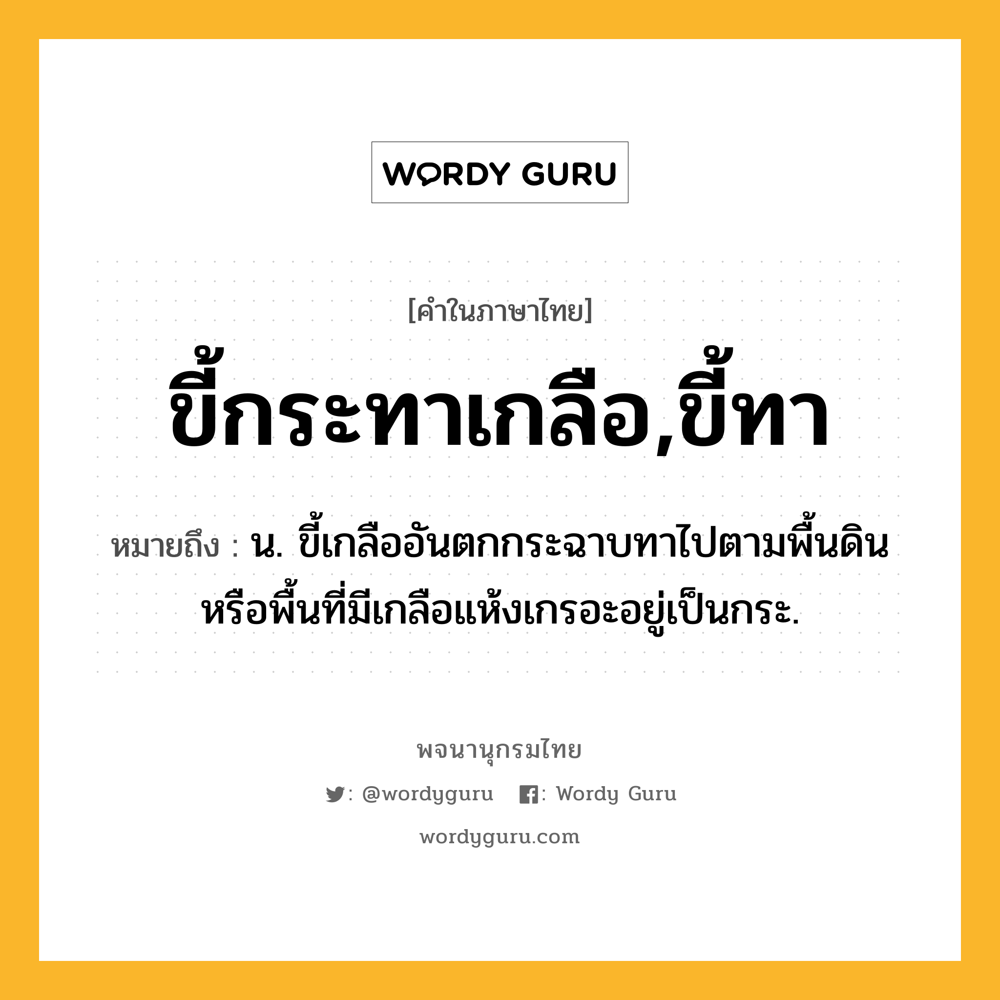 ขี้กระทาเกลือ,ขี้ทา หมายถึงอะไร?, คำในภาษาไทย ขี้กระทาเกลือ,ขี้ทา หมายถึง น. ขี้เกลืออันตกกระฉาบทาไปตามพื้นดิน หรือพื้นที่มีเกลือแห้งเกรอะอยู่เป็นกระ.