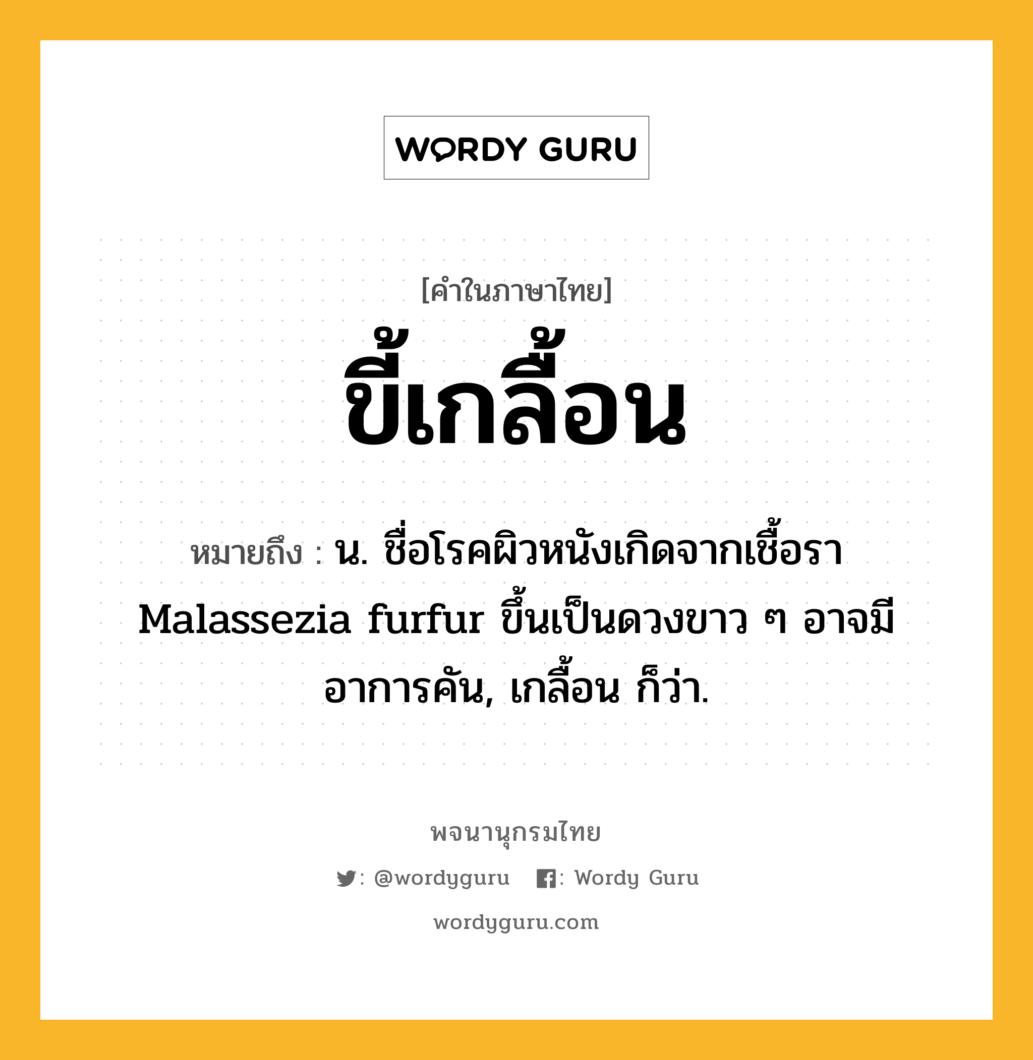 ขี้เกลื้อน หมายถึงอะไร?, คำในภาษาไทย ขี้เกลื้อน หมายถึง น. ชื่อโรคผิวหนังเกิดจากเชื้อรา Malassezia furfur ขึ้นเป็นดวงขาว ๆ อาจมีอาการคัน, เกลื้อน ก็ว่า.