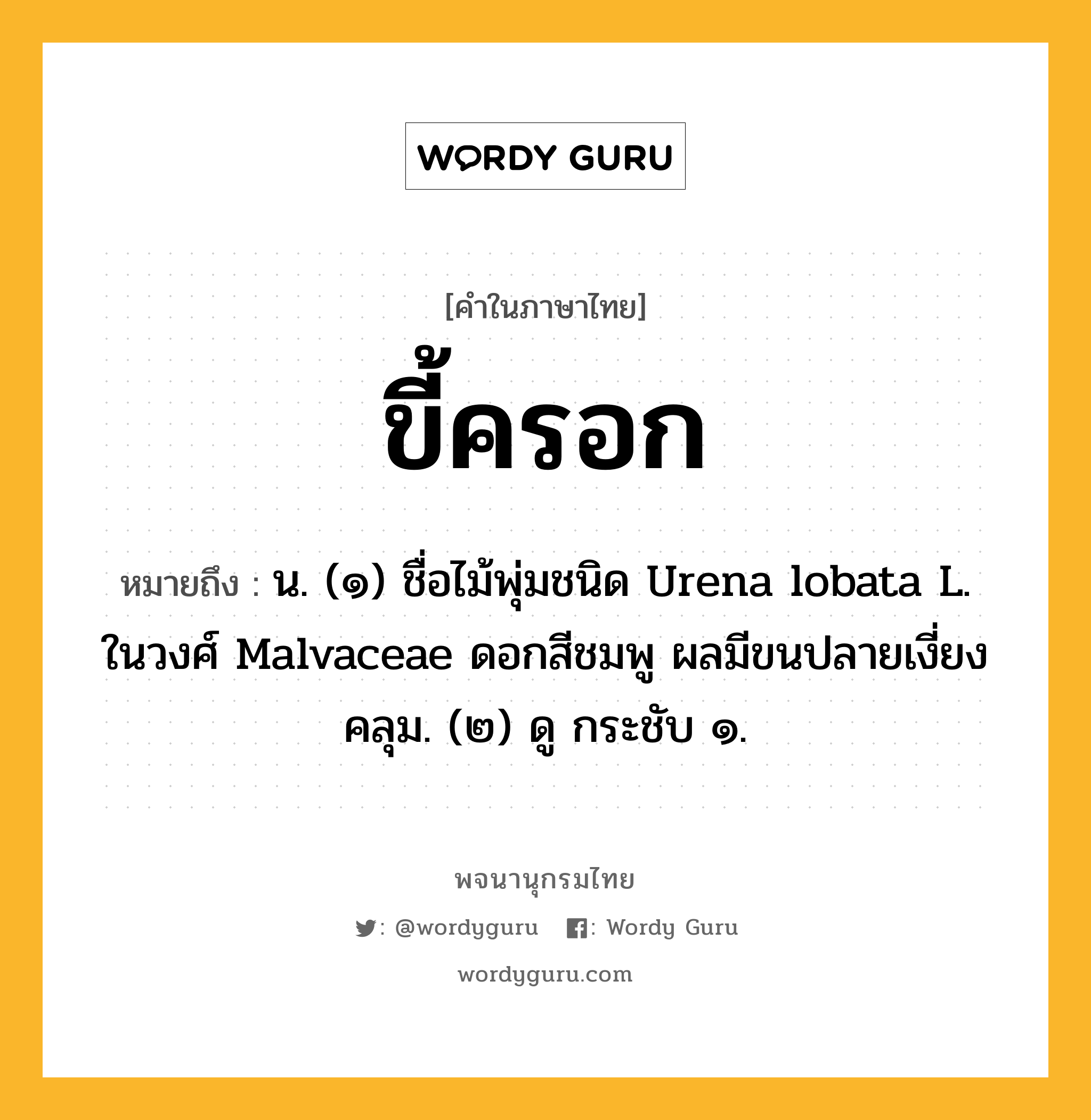 ขี้ครอก หมายถึงอะไร?, คำในภาษาไทย ขี้ครอก หมายถึง น. (๑) ชื่อไม้พุ่มชนิด Urena lobata L. ในวงศ์ Malvaceae ดอกสีชมพู ผลมีขนปลายเงี่ยงคลุม. (๒) ดู กระชับ ๑.