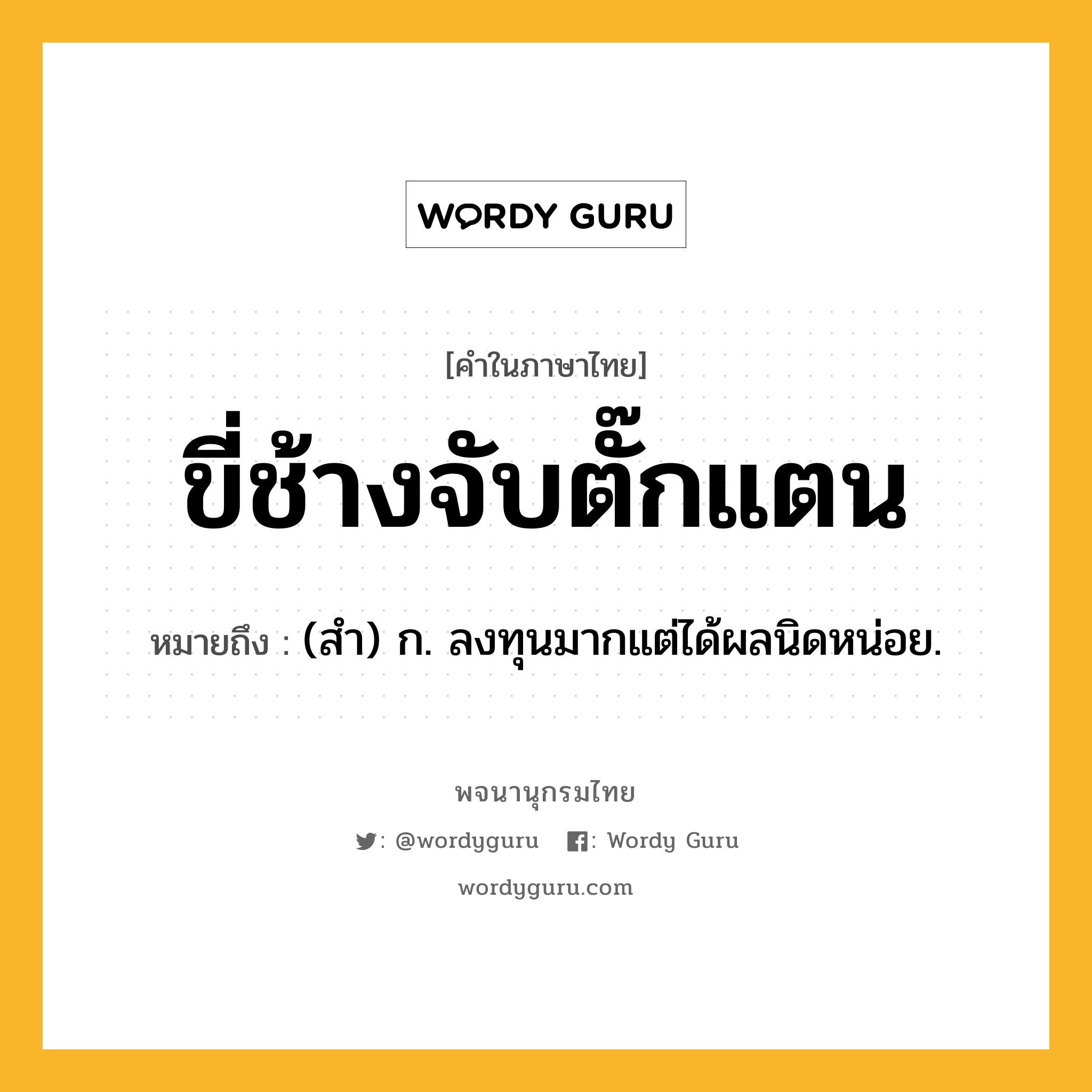 ขี่ช้างจับตั๊กแตน หมายถึงอะไร?, คำในภาษาไทย ขี่ช้างจับตั๊กแตน หมายถึง (สํา) ก. ลงทุนมากแต่ได้ผลนิดหน่อย.