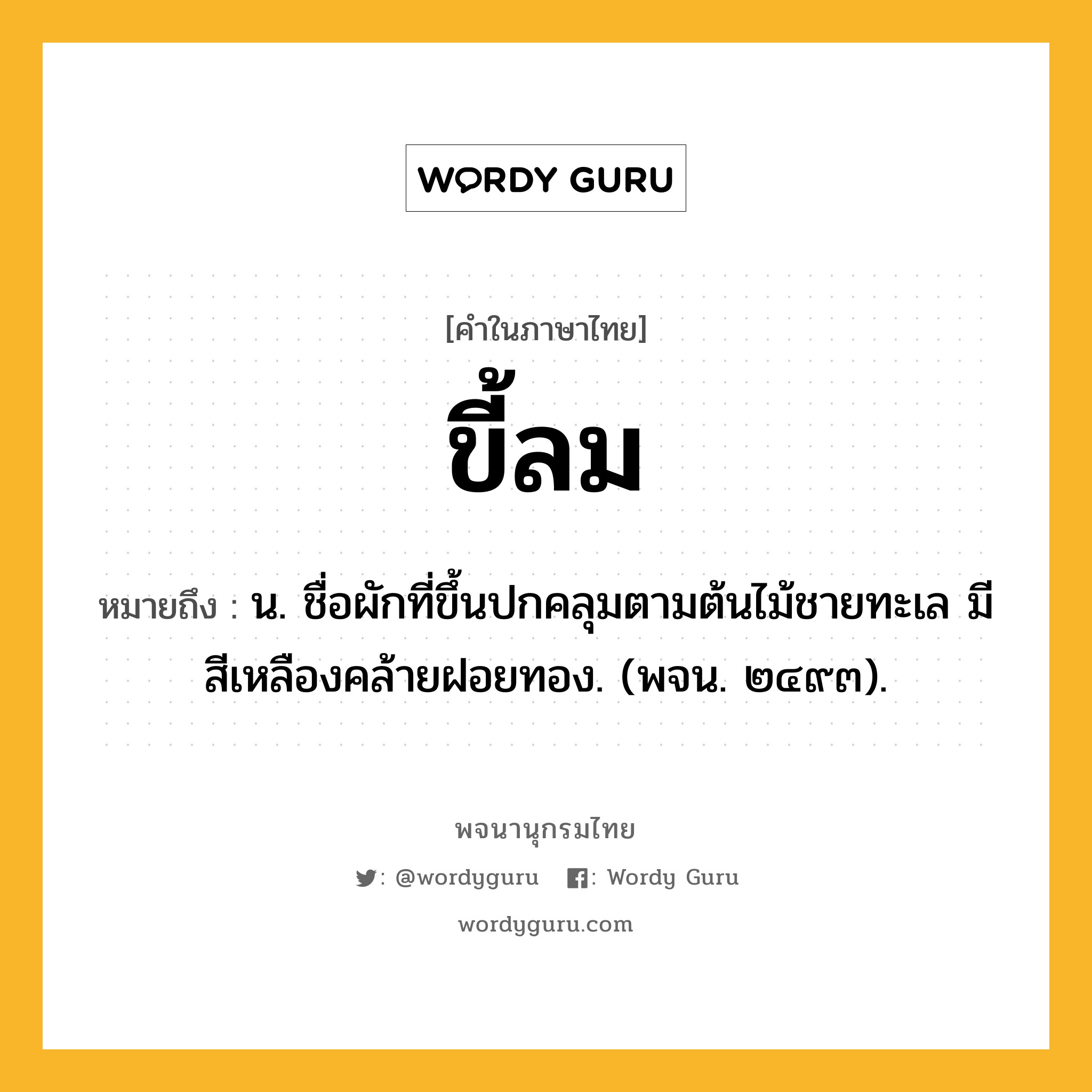 ขี้ลม หมายถึงอะไร?, คำในภาษาไทย ขี้ลม หมายถึง น. ชื่อผักที่ขึ้นปกคลุมตามต้นไม้ชายทะเล มีสีเหลืองคล้ายฝอยทอง. (พจน. ๒๔๙๓).