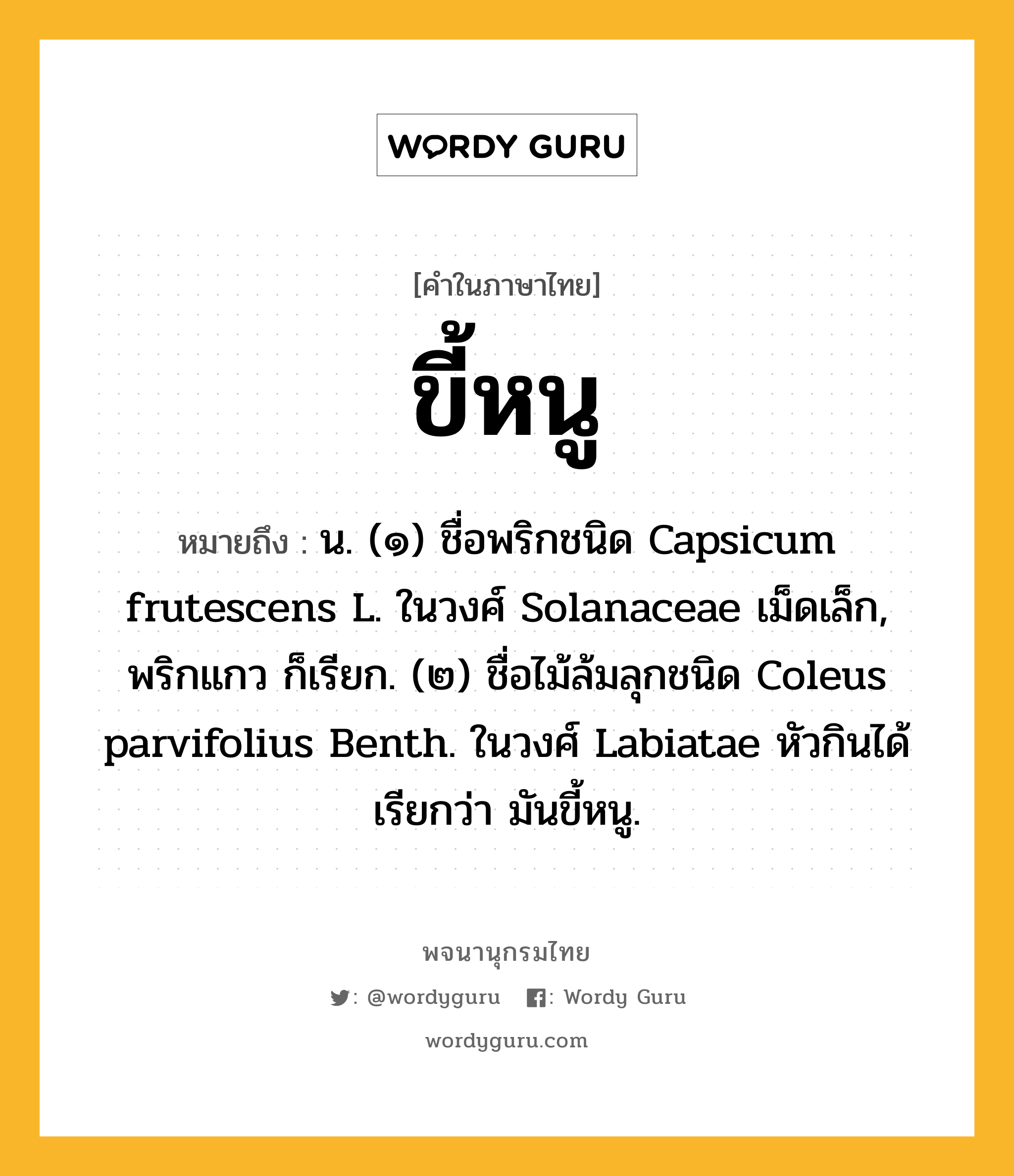 ขี้หนู หมายถึงอะไร?, คำในภาษาไทย ขี้หนู หมายถึง น. (๑) ชื่อพริกชนิด Capsicum frutescens L. ในวงศ์ Solanaceae เม็ดเล็ก, พริกแกว ก็เรียก. (๒) ชื่อไม้ล้มลุกชนิด Coleus parvifolius Benth. ในวงศ์ Labiatae หัวกินได้ เรียกว่า มันขี้หนู.