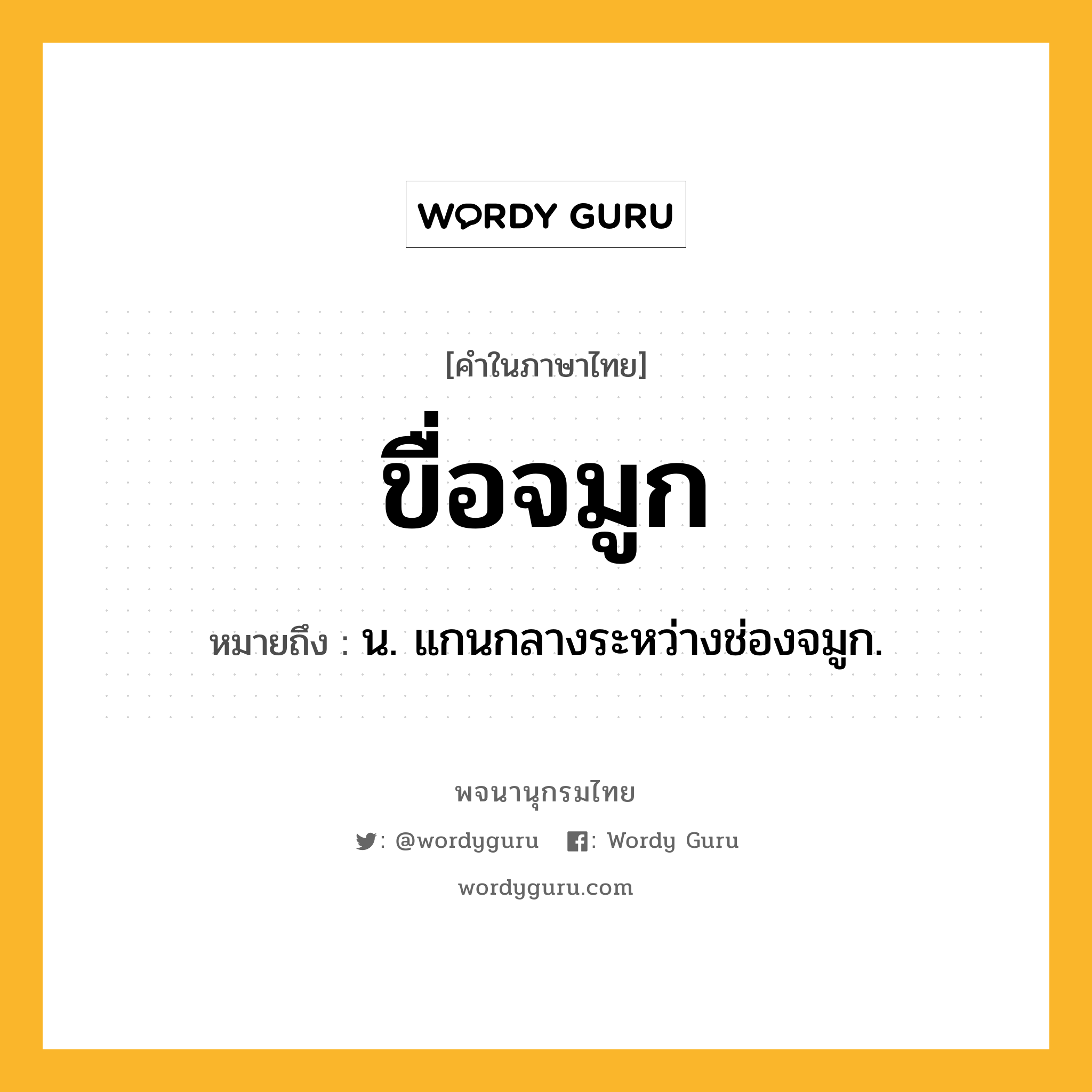 ขื่อจมูก ความหมาย หมายถึงอะไร?, คำในภาษาไทย ขื่อจมูก หมายถึง น. แกนกลางระหว่างช่องจมูก.