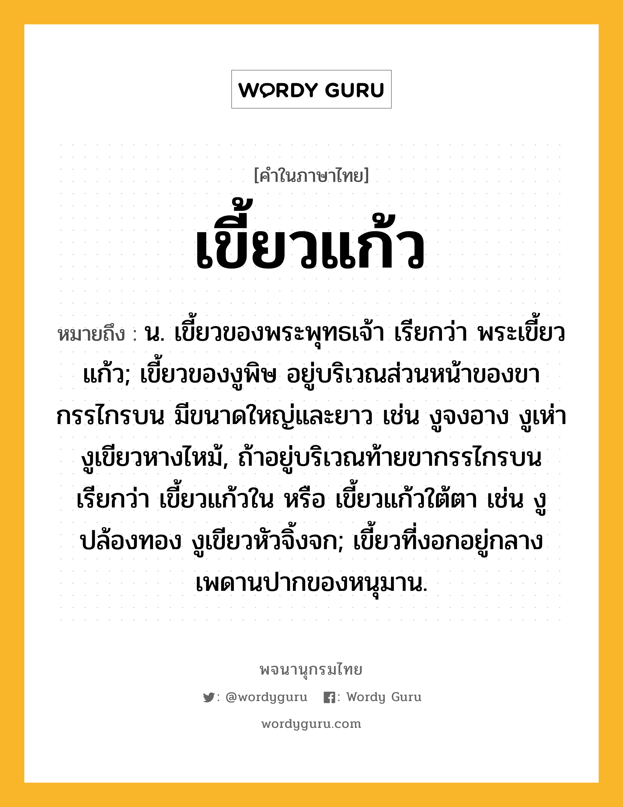 เขี้ยวแก้ว หมายถึงอะไร?, คำในภาษาไทย เขี้ยวแก้ว หมายถึง น. เขี้ยวของพระพุทธเจ้า เรียกว่า พระเขี้ยวแก้ว; เขี้ยวของงูพิษ อยู่บริเวณส่วนหน้าของขากรรไกรบน มีขนาดใหญ่และยาว เช่น งูจงอาง งูเห่า งูเขียวหางไหม้, ถ้าอยู่บริเวณท้ายขากรรไกรบน เรียกว่า เขี้ยวแก้วใน หรือ เขี้ยวแก้วใต้ตา เช่น งูปล้องทอง งูเขียวหัวจิ้งจก; เขี้ยวที่งอกอยู่กลางเพดานปากของหนุมาน.