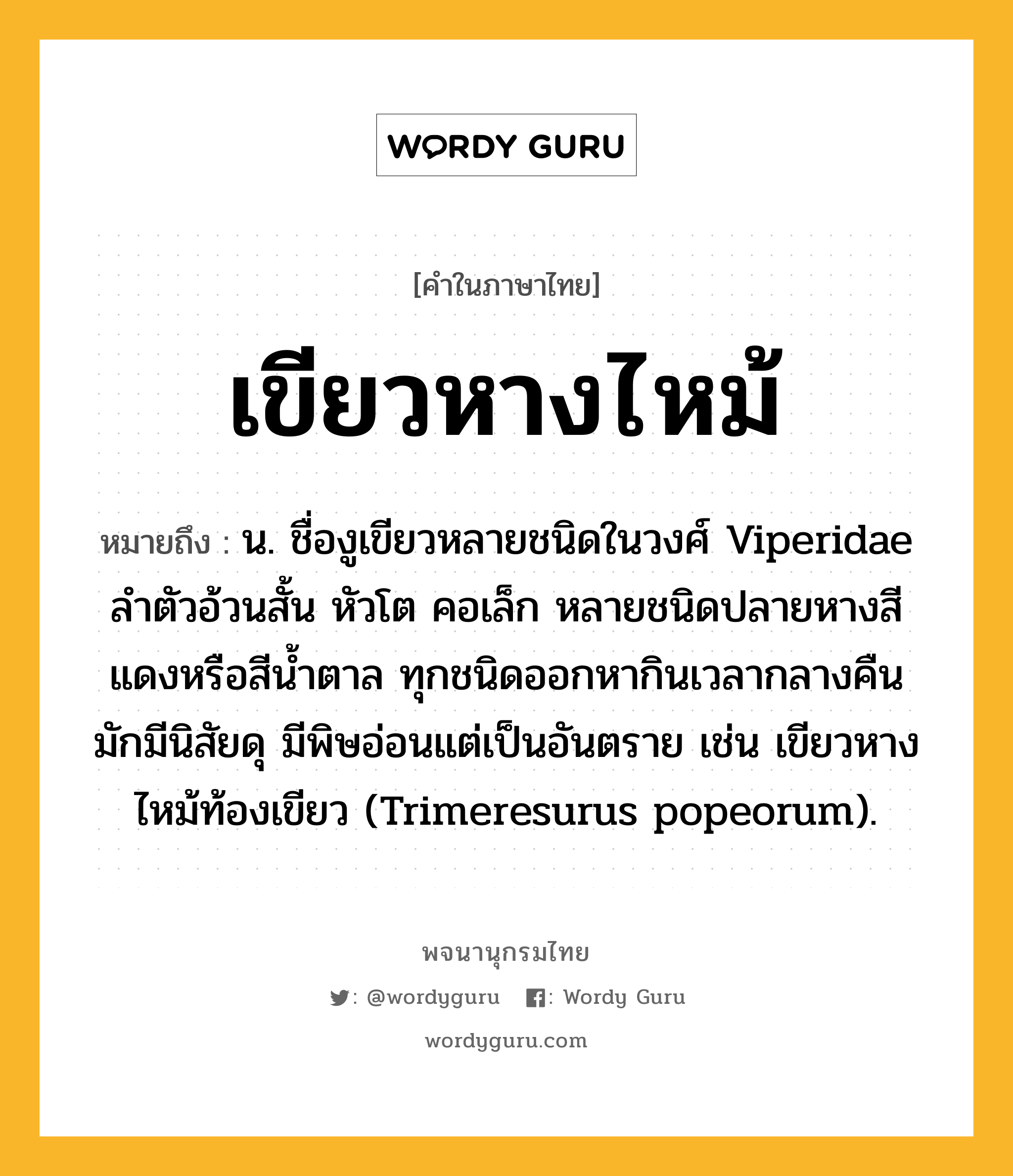 เขียวหางไหม้ หมายถึงอะไร?, คำในภาษาไทย เขียวหางไหม้ หมายถึง น. ชื่องูเขียวหลายชนิดในวงศ์ Viperidae ลําตัวอ้วนสั้น หัวโต คอเล็ก หลายชนิดปลายหางสีแดงหรือสีน้ำตาล ทุกชนิดออกหากินเวลากลางคืน มักมีนิสัยดุ มีพิษอ่อนแต่เป็นอันตราย เช่น เขียวหางไหม้ท้องเขียว (Trimeresurus popeorum).