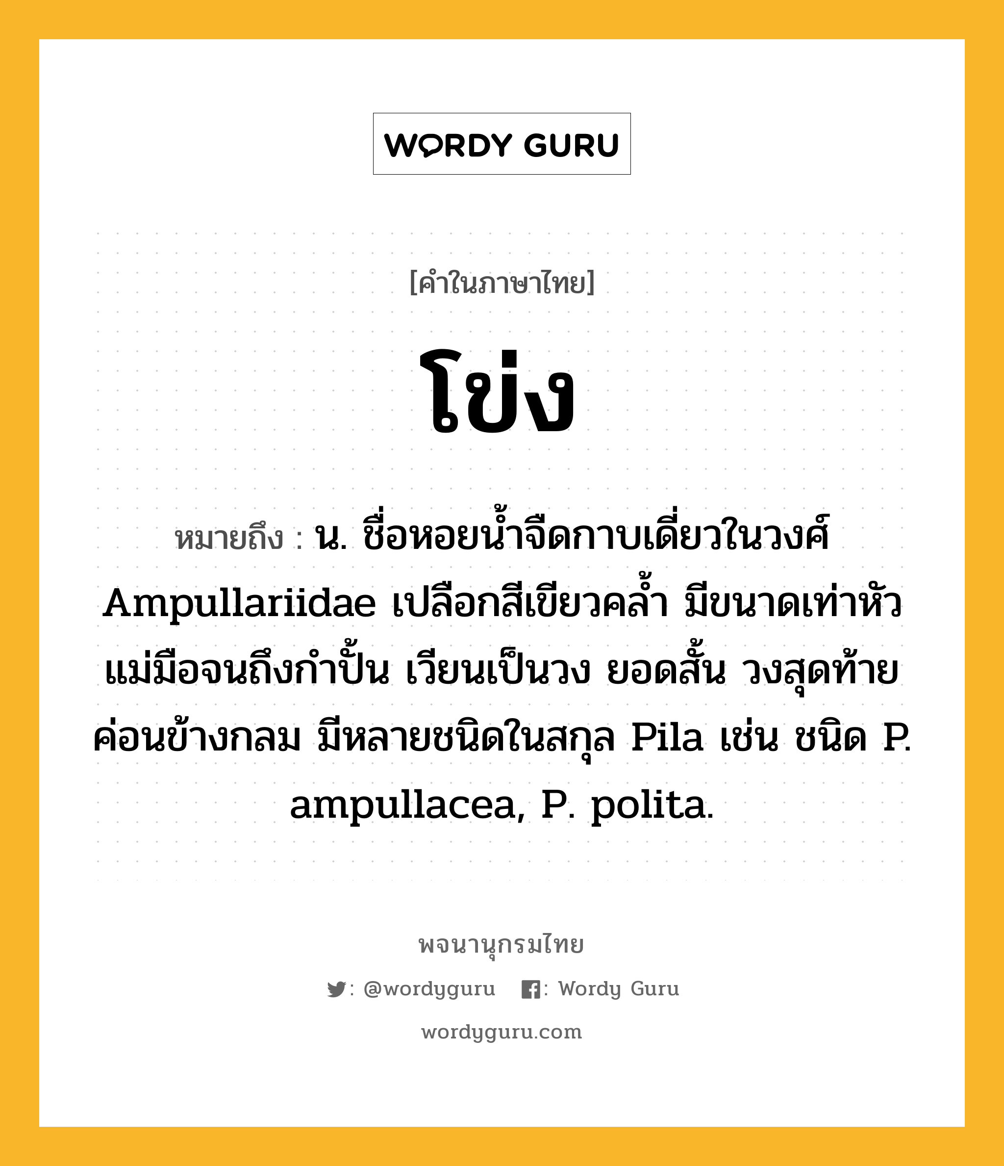 โข่ง หมายถึงอะไร?, คำในภาษาไทย โข่ง หมายถึง น. ชื่อหอยนํ้าจืดกาบเดี่ยวในวงศ์ Ampullariidae เปลือกสีเขียวคลํ้า มีขนาดเท่าหัวแม่มือจนถึงกําปั้น เวียนเป็นวง ยอดสั้น วงสุดท้ายค่อนข้างกลม มีหลายชนิดในสกุล Pila เช่น ชนิด P. ampullacea, P. polita.