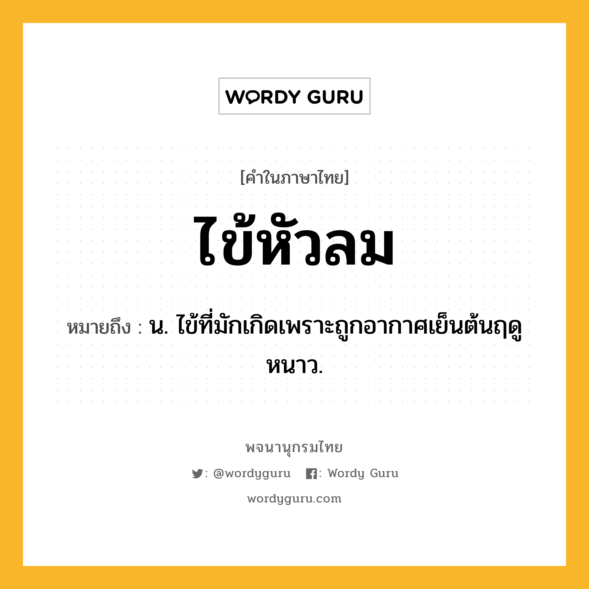 ไข้หัวลม หมายถึงอะไร?, คำในภาษาไทย ไข้หัวลม หมายถึง น. ไข้ที่มักเกิดเพราะถูกอากาศเย็นต้นฤดูหนาว.