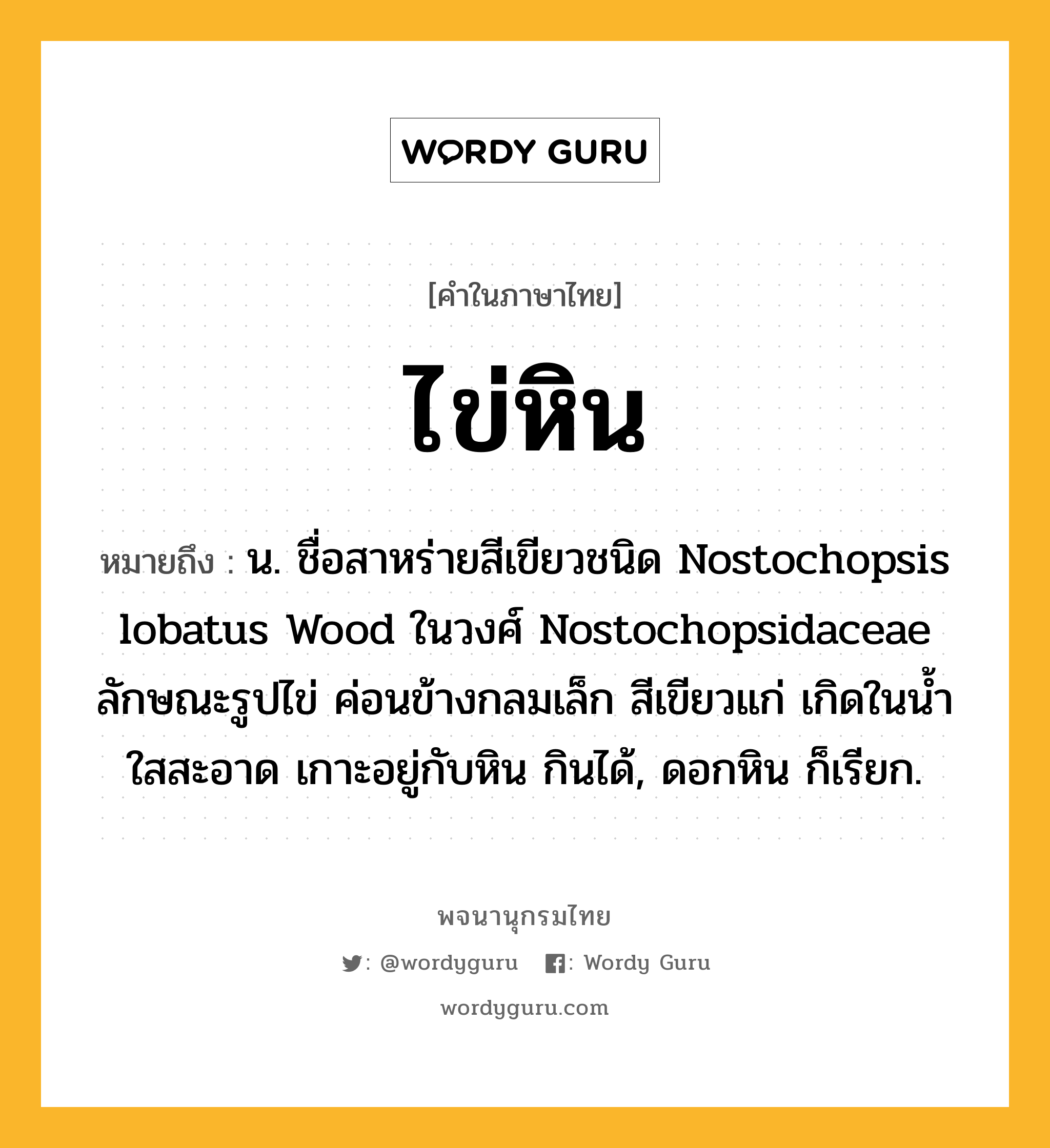 ไข่หิน หมายถึงอะไร?, คำในภาษาไทย ไข่หิน หมายถึง น. ชื่อสาหร่ายสีเขียวชนิด Nostochopsis lobatus Wood ในวงศ์ Nostochopsidaceae ลักษณะรูปไข่ ค่อนข้างกลมเล็ก สีเขียวแก่ เกิดในนํ้าใสสะอาด เกาะอยู่กับหิน กินได้, ดอกหิน ก็เรียก.