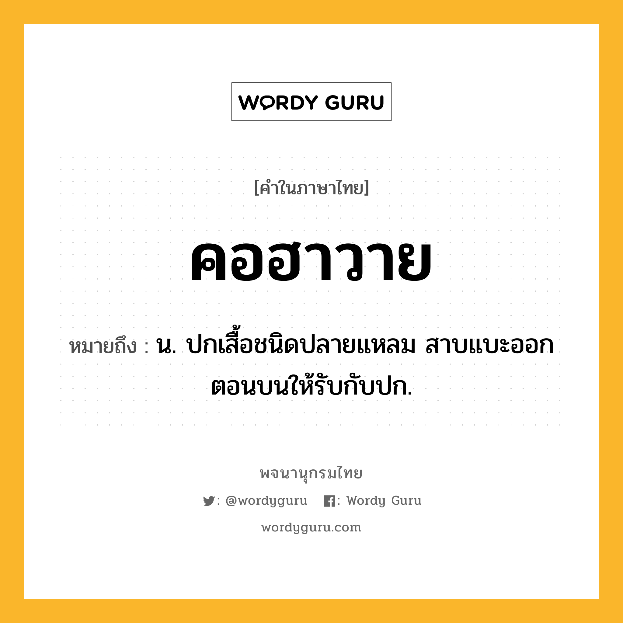 คอฮาวาย หมายถึงอะไร?, คำในภาษาไทย คอฮาวาย หมายถึง น. ปกเสื้อชนิดปลายแหลม สาบแบะออกตอนบนให้รับกับปก.