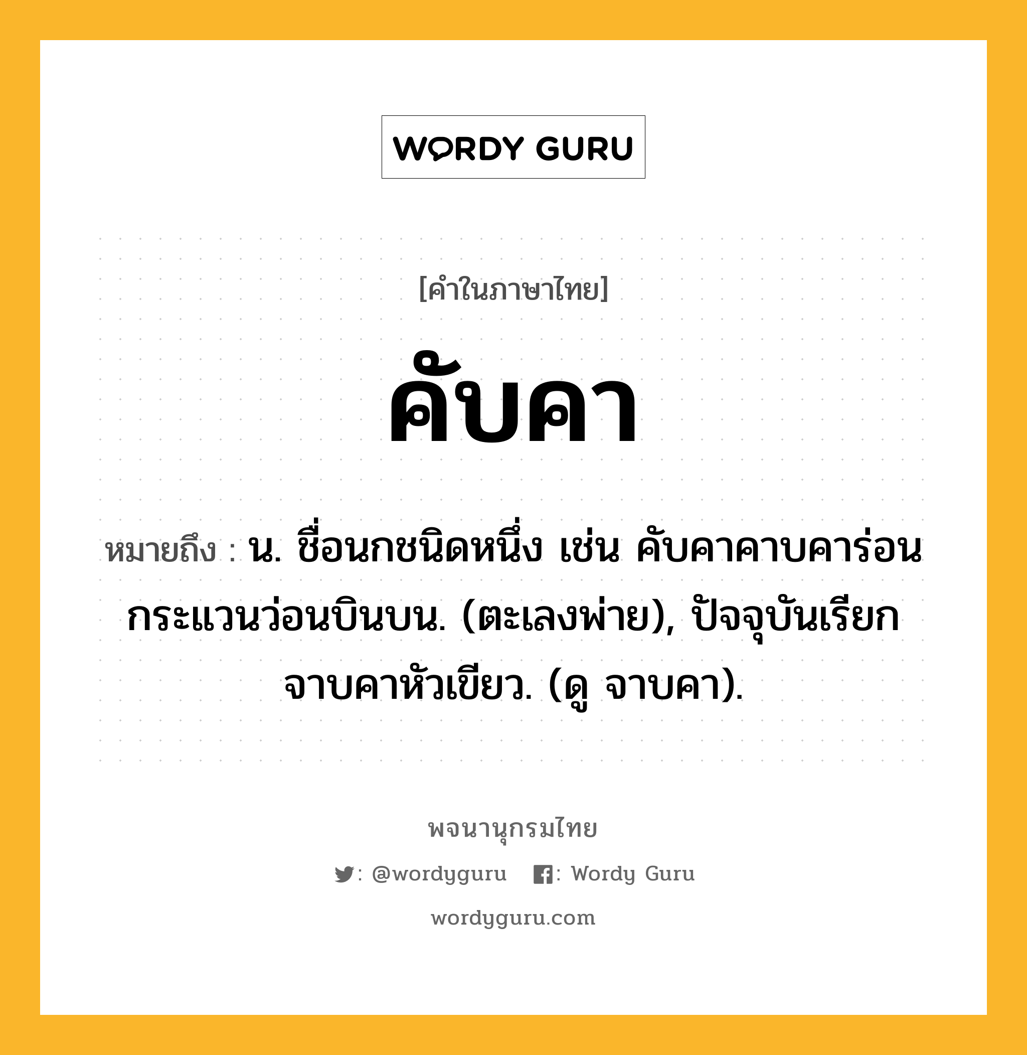 คับคา ความหมาย หมายถึงอะไร?, คำในภาษาไทย คับคา หมายถึง น. ชื่อนกชนิดหนึ่ง เช่น คับคาคาบคาร่อน กระแวนว่อนบินบน. (ตะเลงพ่าย), ปัจจุบันเรียก จาบคาหัวเขียว. (ดู จาบคา).