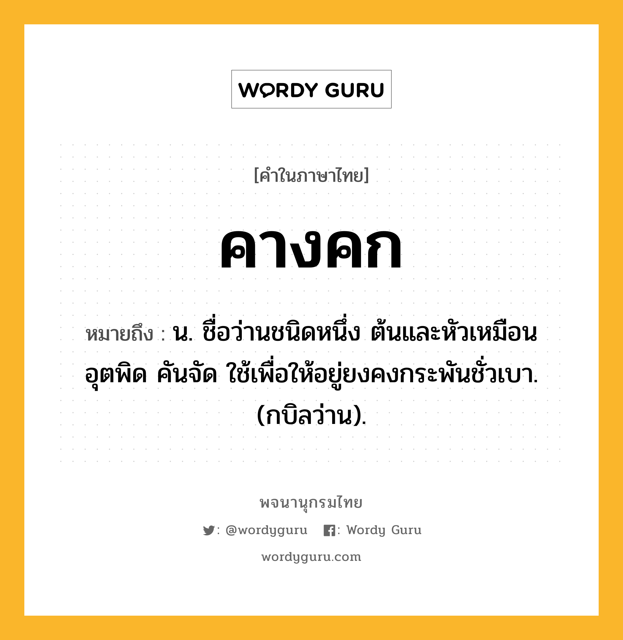 คางคก หมายถึงอะไร?, คำในภาษาไทย คางคก หมายถึง น. ชื่อว่านชนิดหนึ่ง ต้นและหัวเหมือนอุตพิด คันจัด ใช้เพื่อให้อยู่ยงคงกระพันชั่วเบา. (กบิลว่าน).