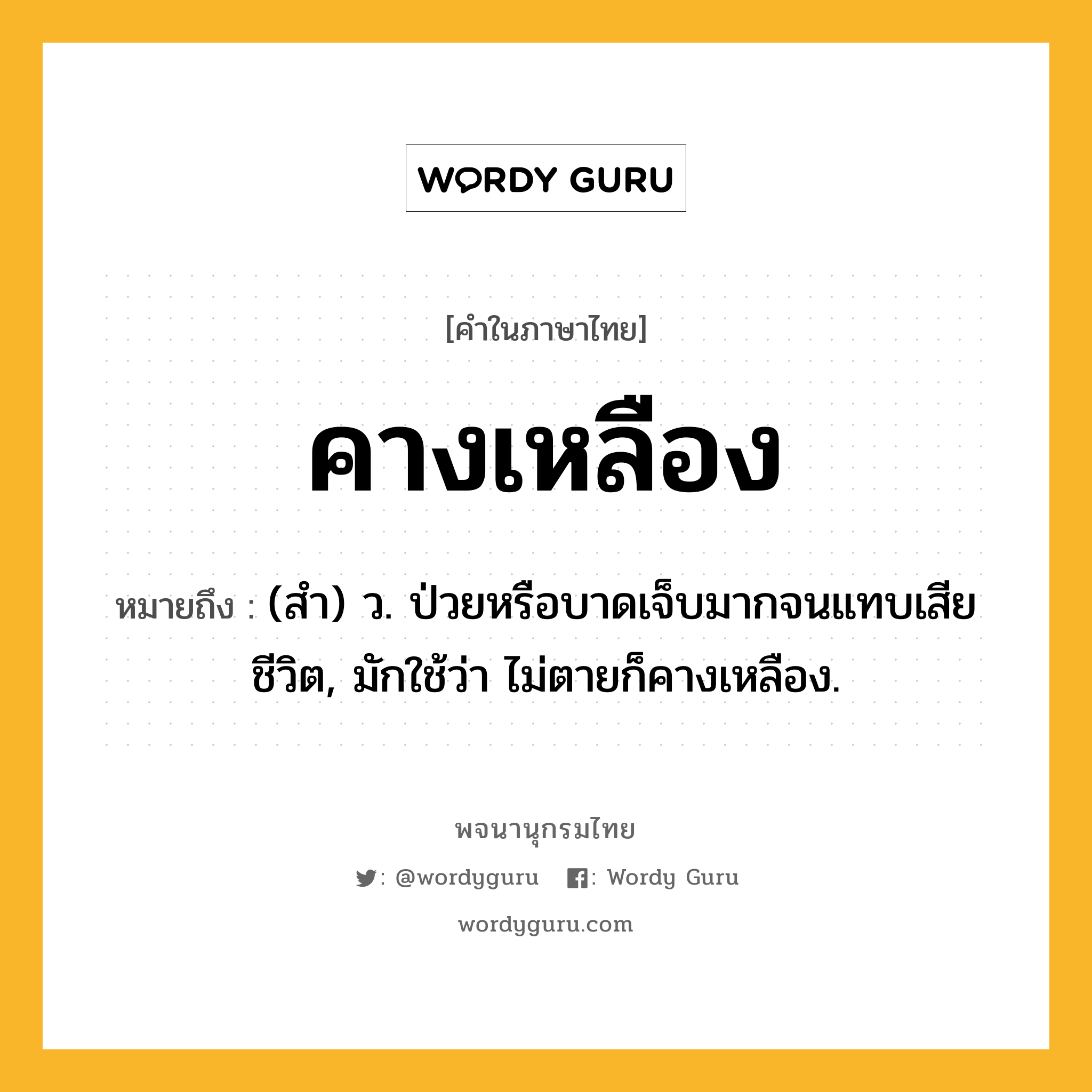 คางเหลือง หมายถึงอะไร?, คำในภาษาไทย คางเหลือง หมายถึง (สํา) ว. ป่วยหรือบาดเจ็บมากจนแทบเสียชีวิต, มักใช้ว่า ไม่ตายก็คางเหลือง.