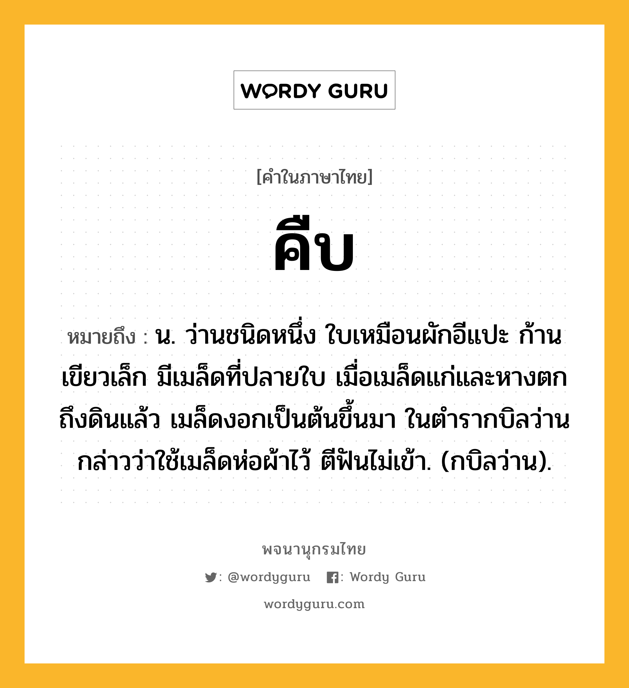 คืบ หมายถึงอะไร?, คำในภาษาไทย คืบ หมายถึง น. ว่านชนิดหนึ่ง ใบเหมือนผักอีแปะ ก้านเขียวเล็ก มีเมล็ดที่ปลายใบ เมื่อเมล็ดแก่และหางตกถึงดินแล้ว เมล็ดงอกเป็นต้นขึ้นมา ในตํารากบิลว่านกล่าวว่าใช้เมล็ดห่อผ้าไว้ ตีฟันไม่เข้า. (กบิลว่าน).