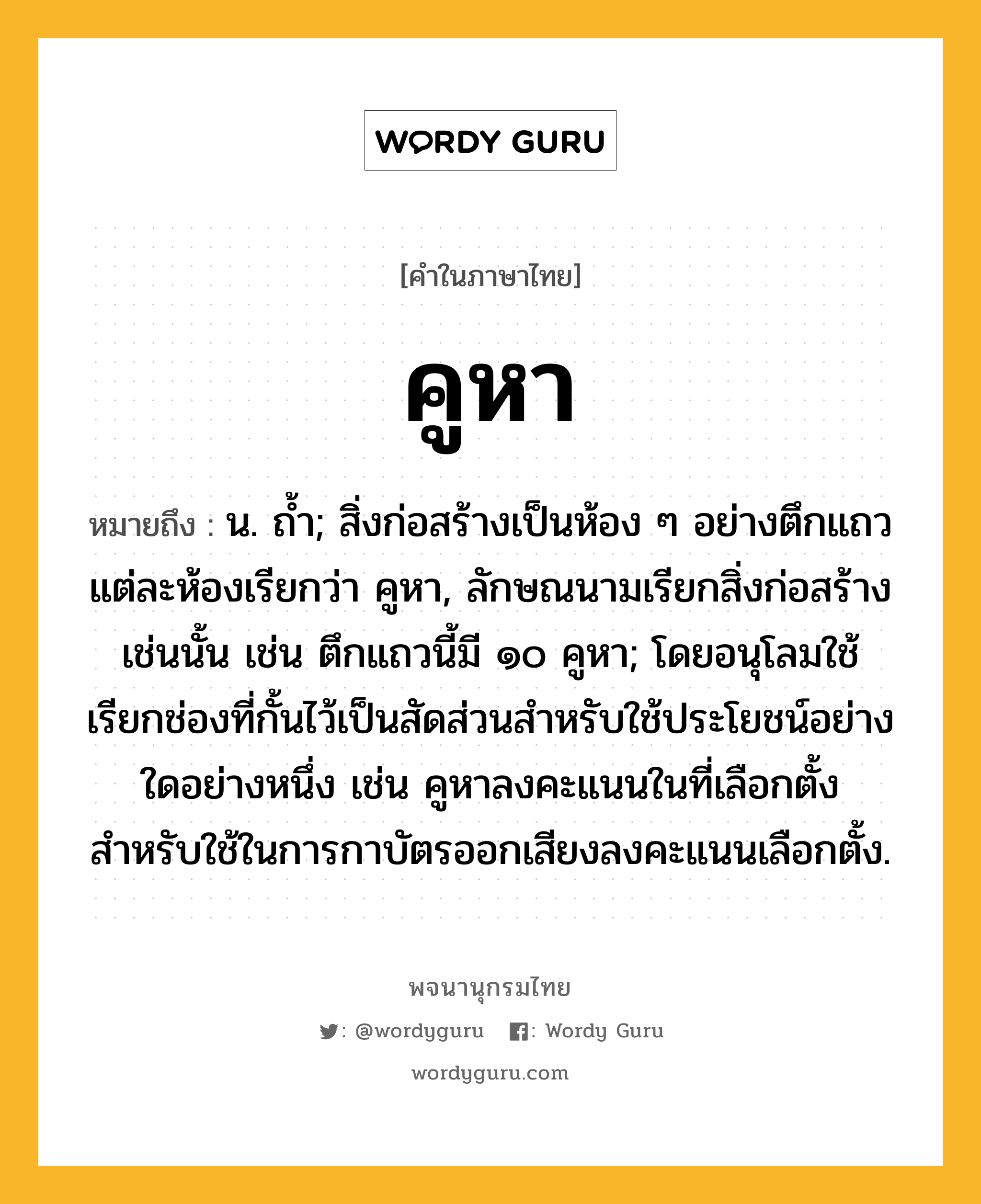 คูหา ความหมาย หมายถึงอะไร?, คำในภาษาไทย คูหา หมายถึง น. ถํ้า; สิ่งก่อสร้างเป็นห้อง ๆ อย่างตึกแถว แต่ละห้องเรียกว่า คูหา, ลักษณนามเรียกสิ่งก่อสร้างเช่นนั้น เช่น ตึกแถวนี้มี ๑๐ คูหา; โดยอนุโลมใช้เรียกช่องที่กั้นไว้เป็นสัดส่วนสำหรับใช้ประโยชน์อย่างใดอย่างหนึ่ง เช่น คูหาลงคะแนนในที่เลือกตั้งสำหรับใช้ในการกาบัตรออกเสียงลงคะแนนเลือกตั้ง.