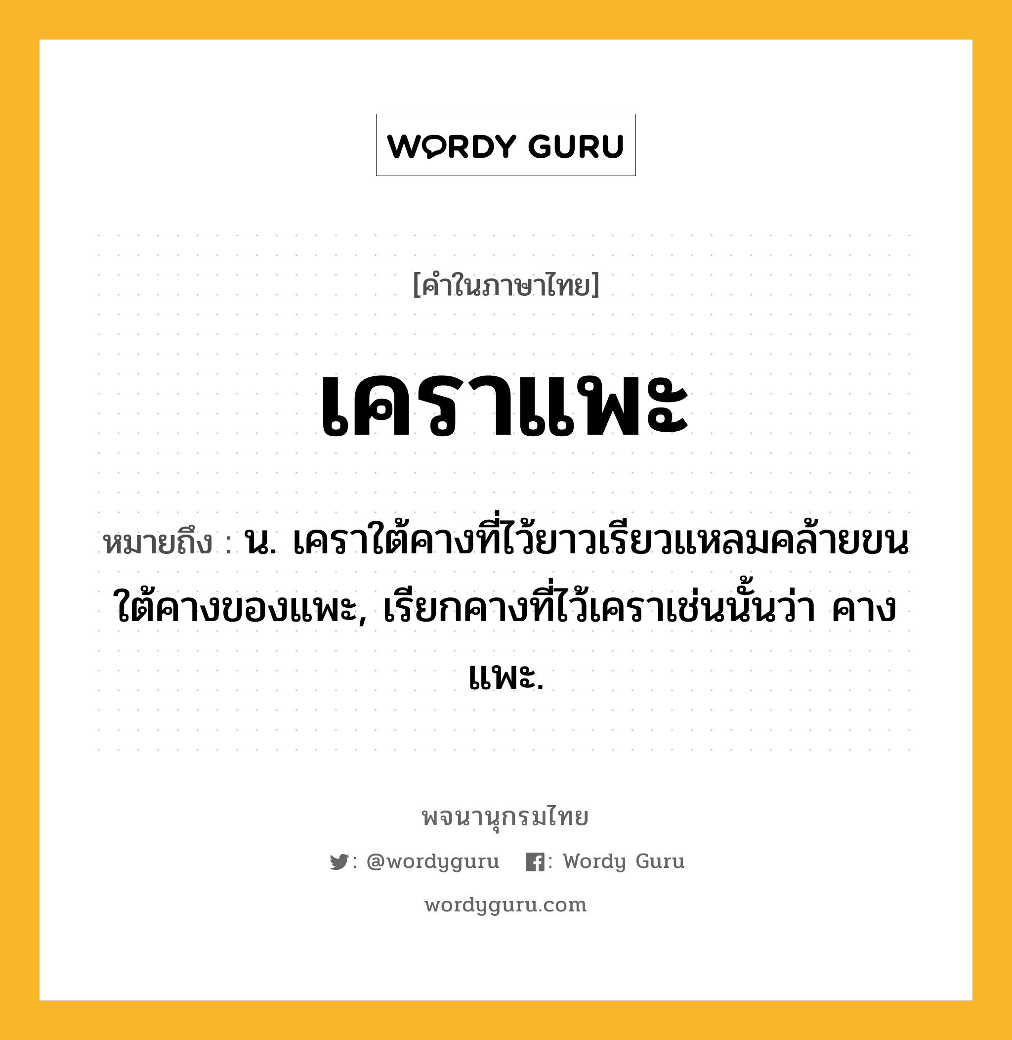 เคราแพะ หมายถึงอะไร?, คำในภาษาไทย เคราแพะ หมายถึง น. เคราใต้คางที่ไว้ยาวเรียวแหลมคล้ายขนใต้คางของแพะ, เรียกคางที่ไว้เคราเช่นนั้นว่า คางแพะ.