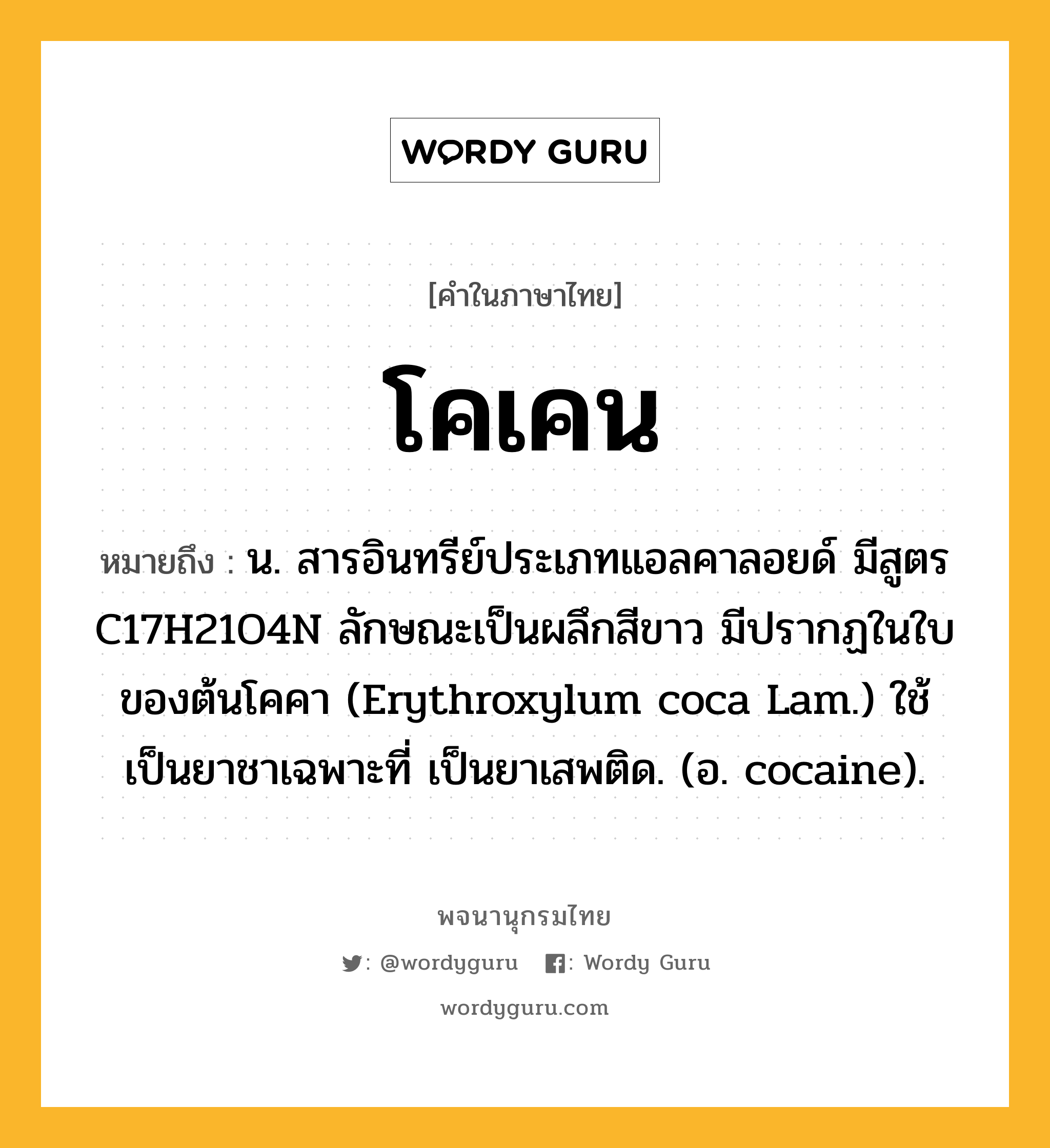 โคเคน ความหมาย หมายถึงอะไร?, คำในภาษาไทย โคเคน หมายถึง น. สารอินทรีย์ประเภทแอลคาลอยด์ มีสูตร C17H21O4N ลักษณะเป็นผลึกสีขาว มีปรากฏในใบของต้นโคคา (Erythroxylum coca Lam.) ใช้เป็นยาชาเฉพาะที่ เป็นยาเสพติด. (อ. cocaine).