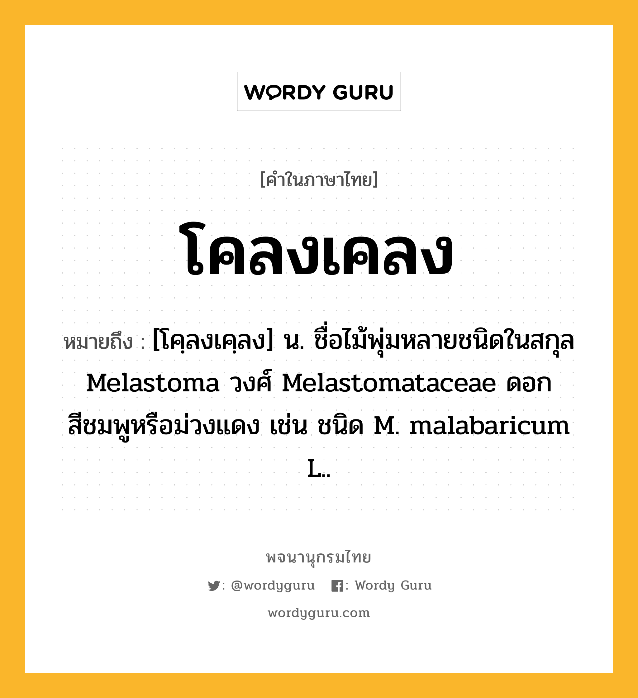 โคลงเคลง ความหมาย หมายถึงอะไร?, คำในภาษาไทย โคลงเคลง หมายถึง [โคฺลงเคฺลง] น. ชื่อไม้พุ่มหลายชนิดในสกุล Melastoma วงศ์ Melastomataceae ดอกสีชมพูหรือม่วงแดง เช่น ชนิด M. malabaricum L..